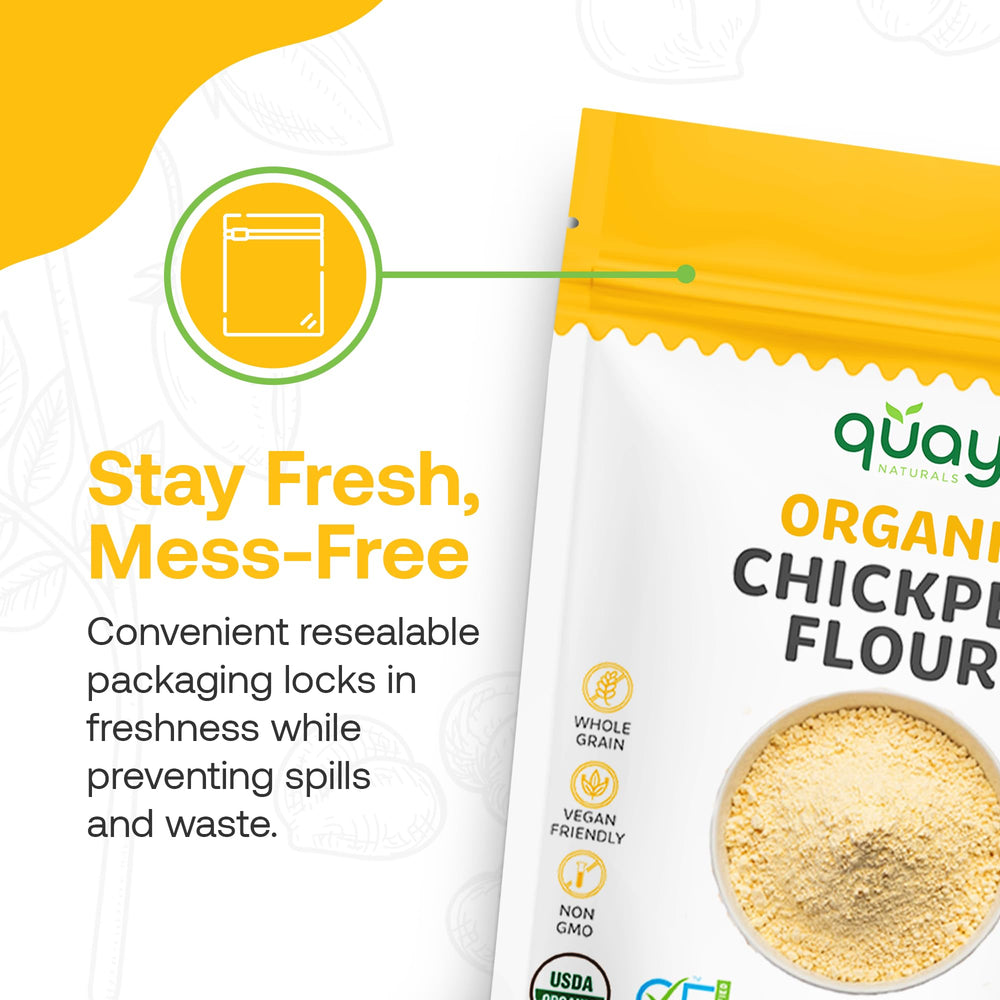 Gluten-free baking setup featuring Quay Naturals chickpea flour ingredients.