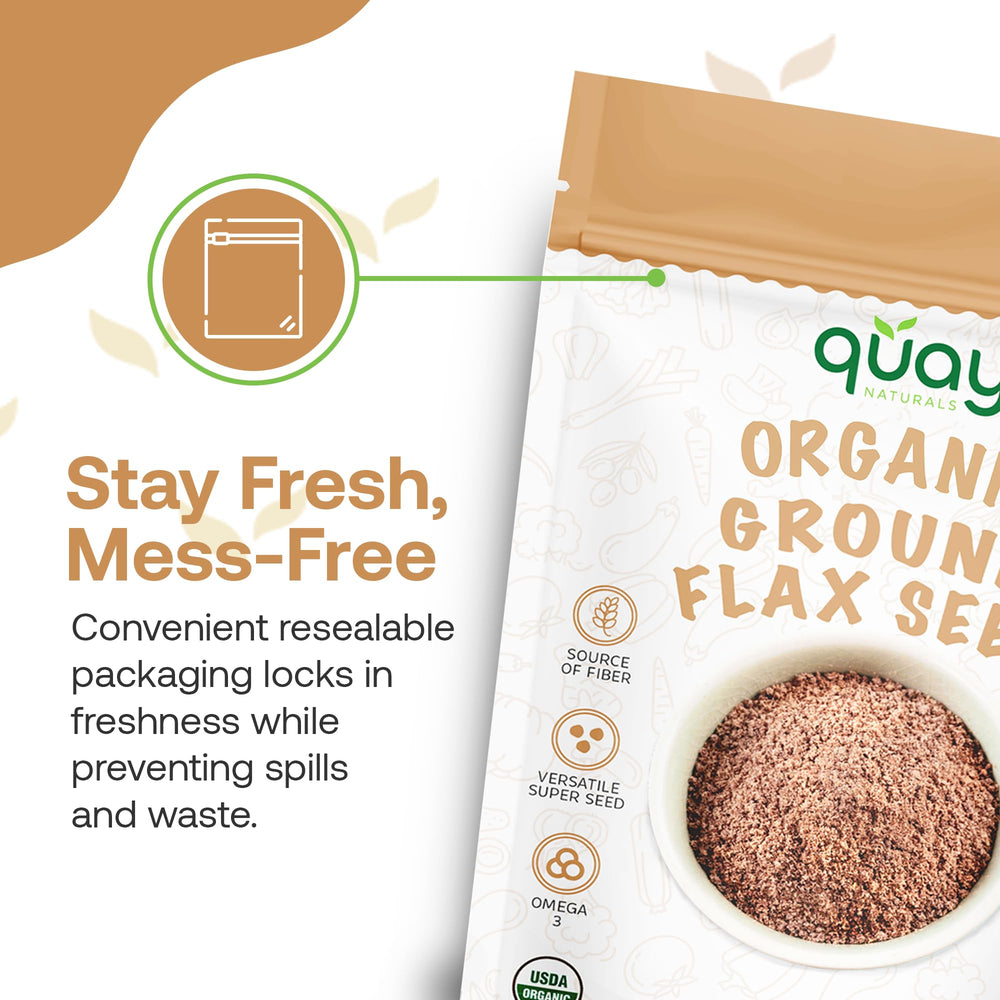 Quay Naturals flaxseed powder texture close-up for quick mixing