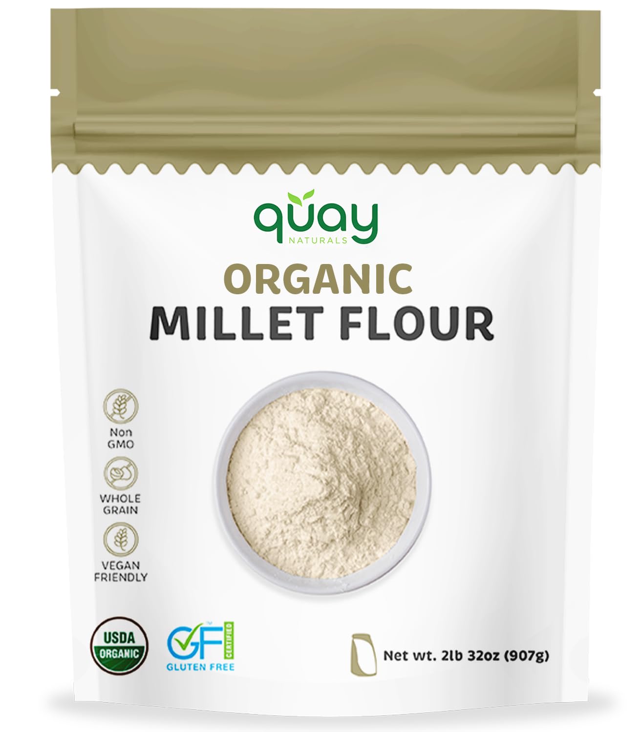 Quay Naturals millet flour bag shows an organic, gluten-free baking staple.