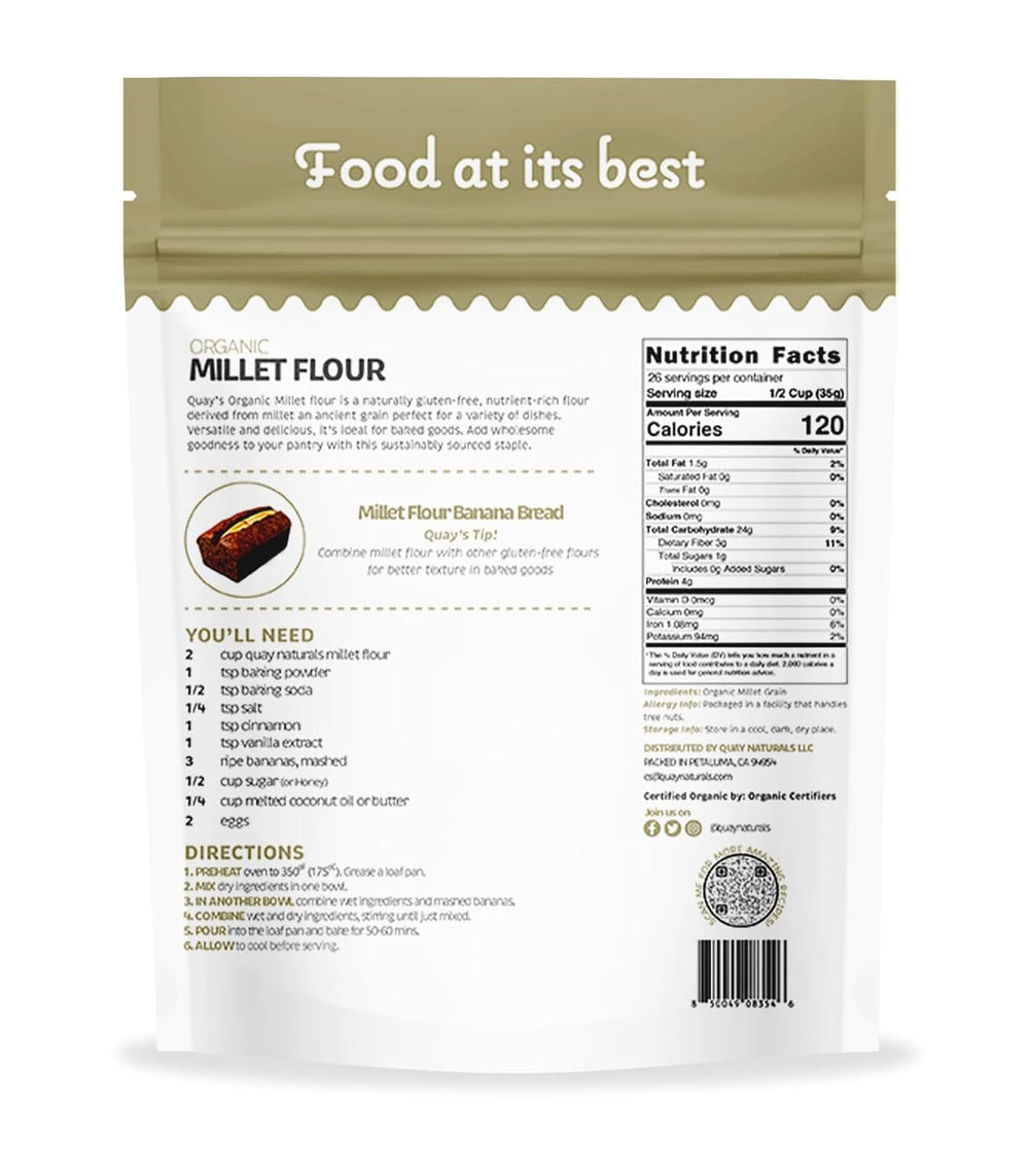 Quay Naturals millet flour being poured for a smooth batter ideal for gluten-free recipes.