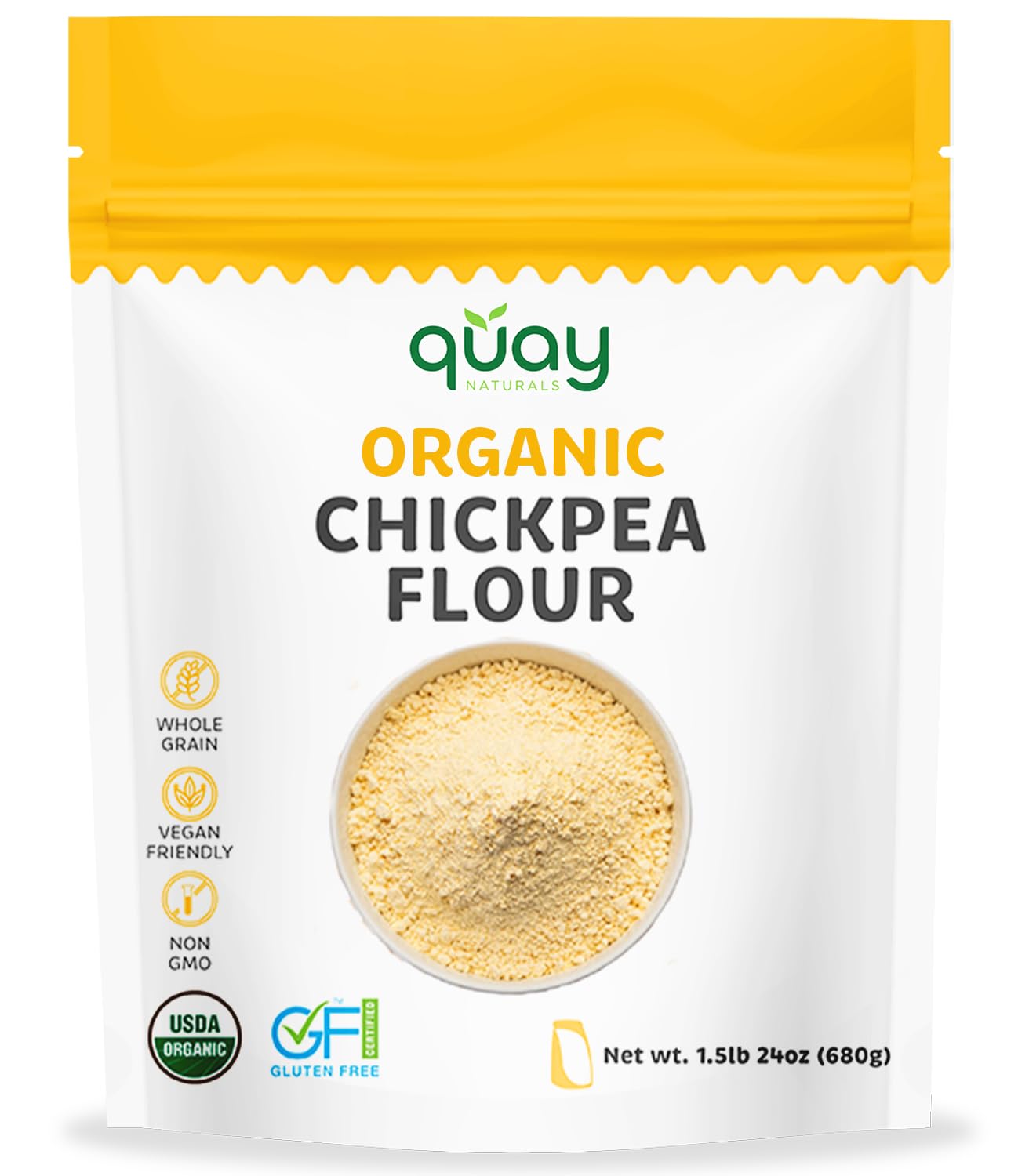 Quay Naturals Organic Chickpea Flour bag for gluten-free baking and grain-free cooking.