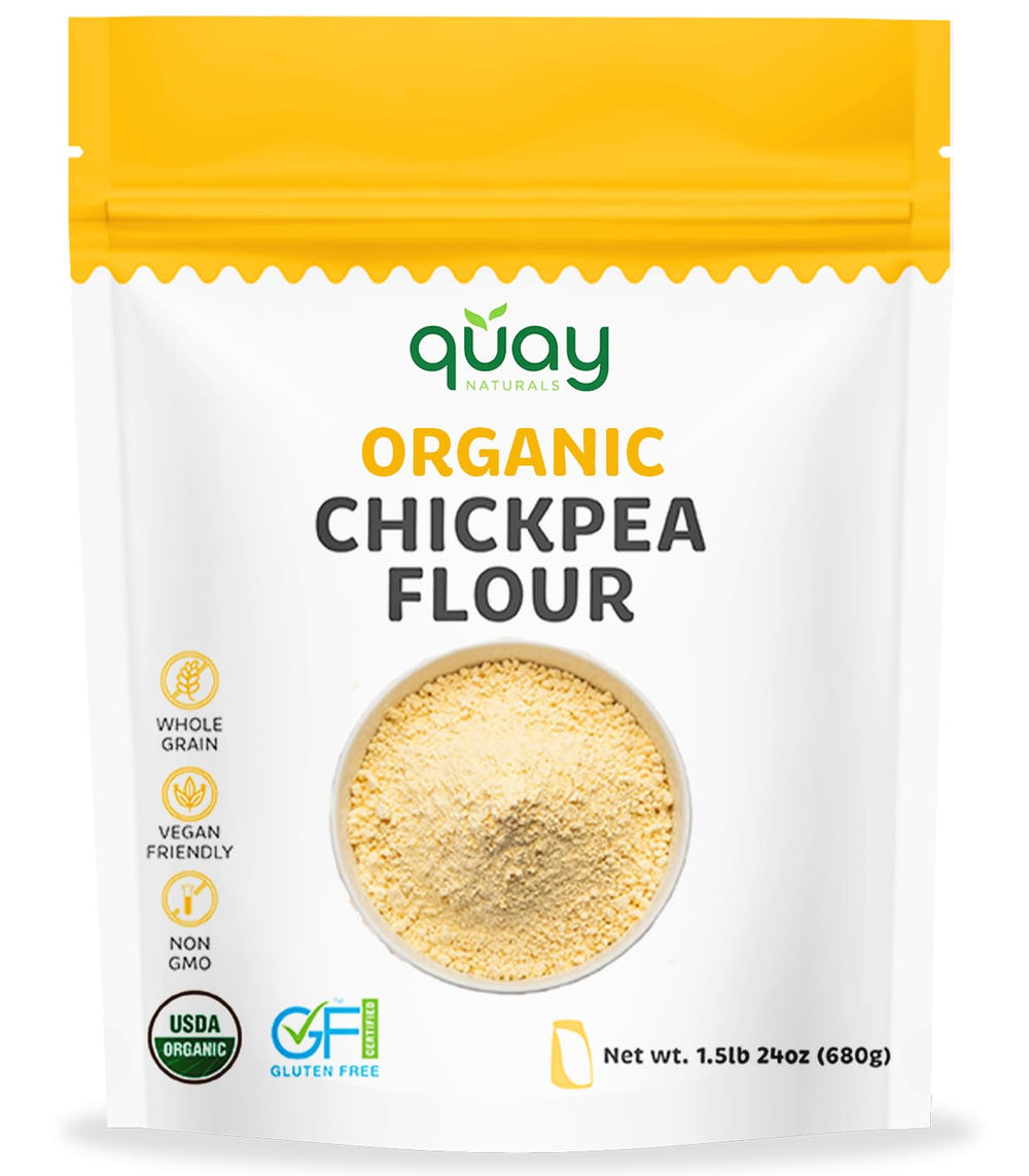 Quay Naturals Organic Chickpea Flour bag for gluten-free baking and grain-free cooking.