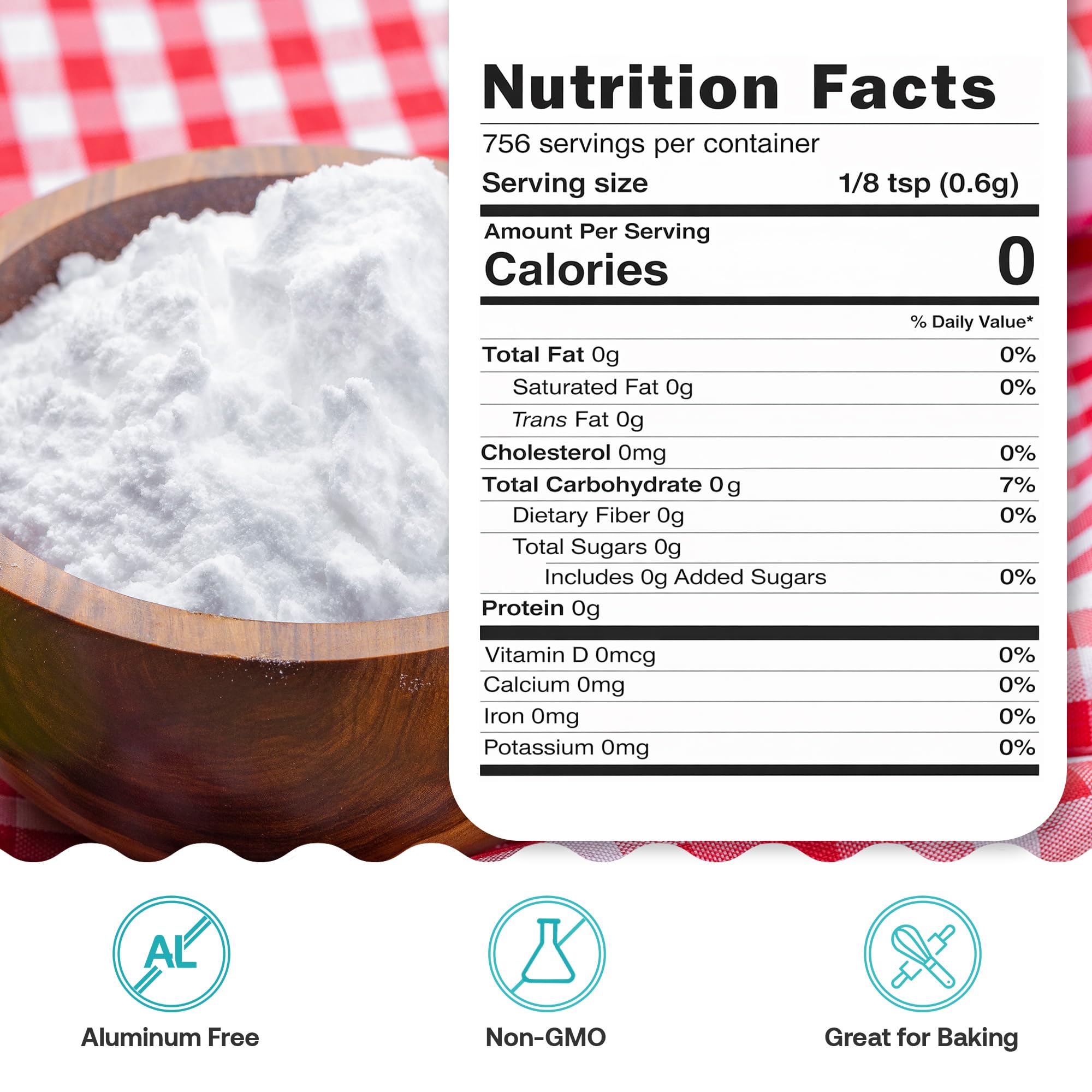 Quay Naturals Pure Baking Soda label highlights food-grade quality and USP standards