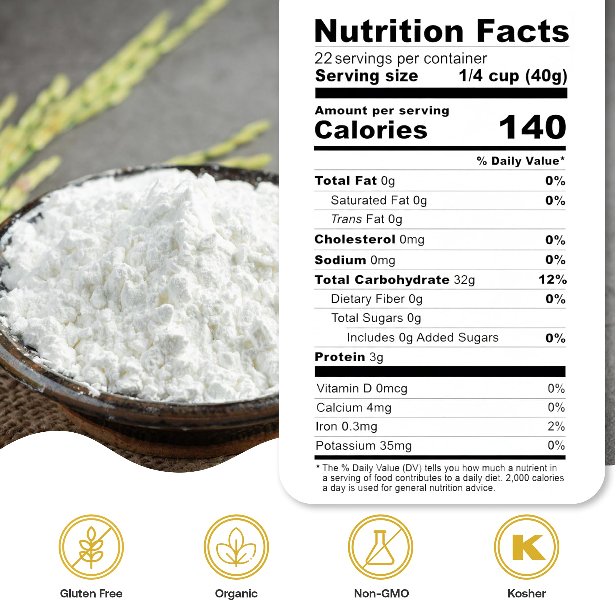 Quay Naturals rice flour measuring cup demonstrates precise gluten-free baking.