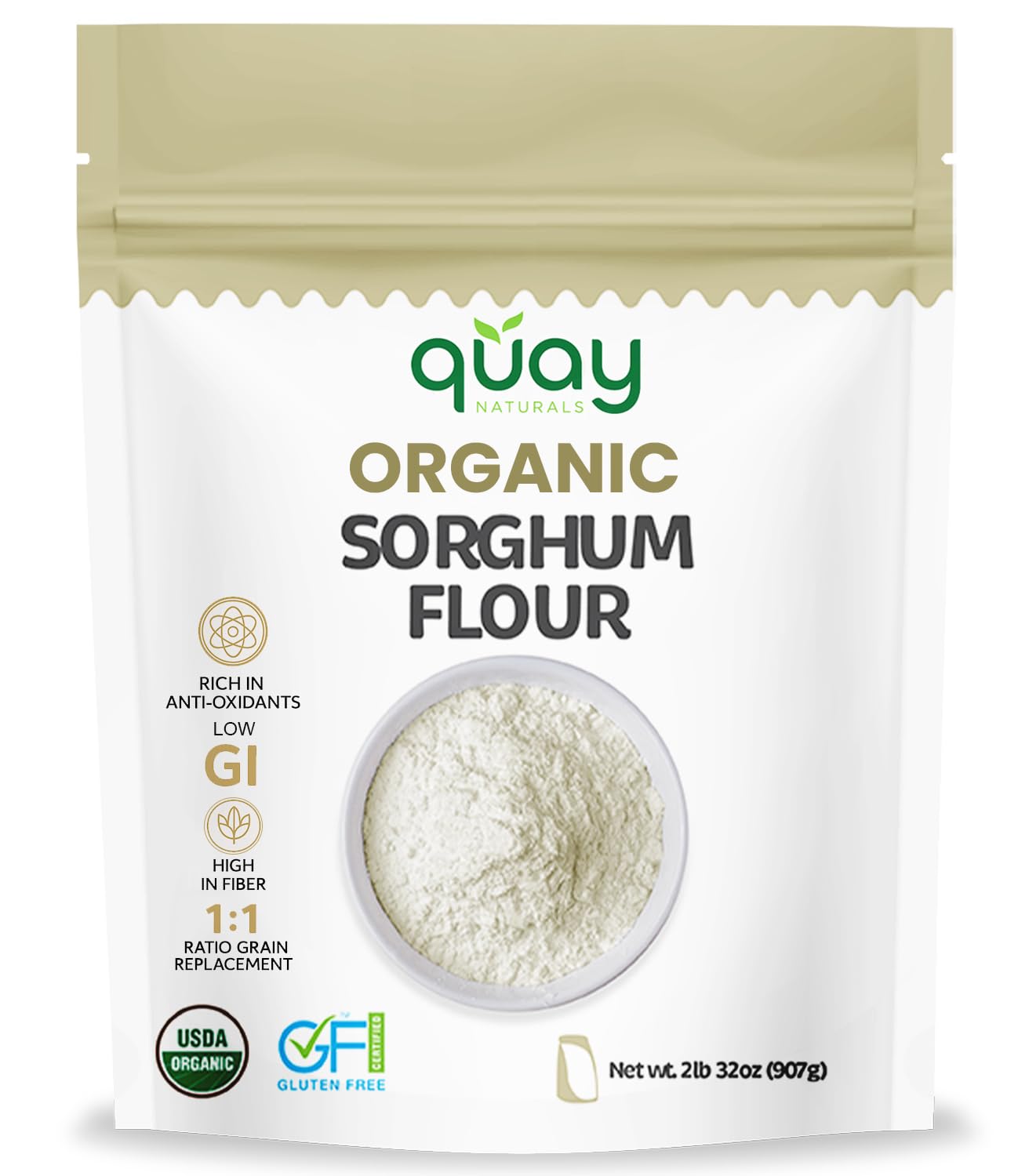 Quay Naturals sorghum flour bag front, gluten-free baking versatility.