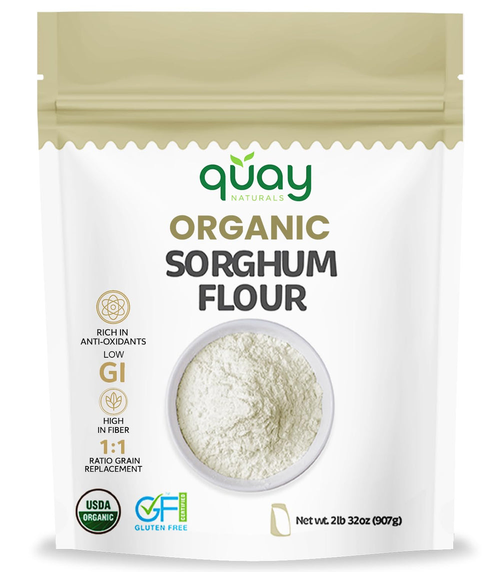 Quay Naturals sorghum flour bag front, gluten-free baking versatility.