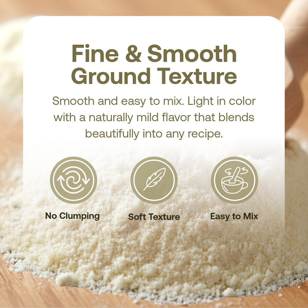 Quay Naturals stone-ground millet flour close-up reveals a fine, silky texture.