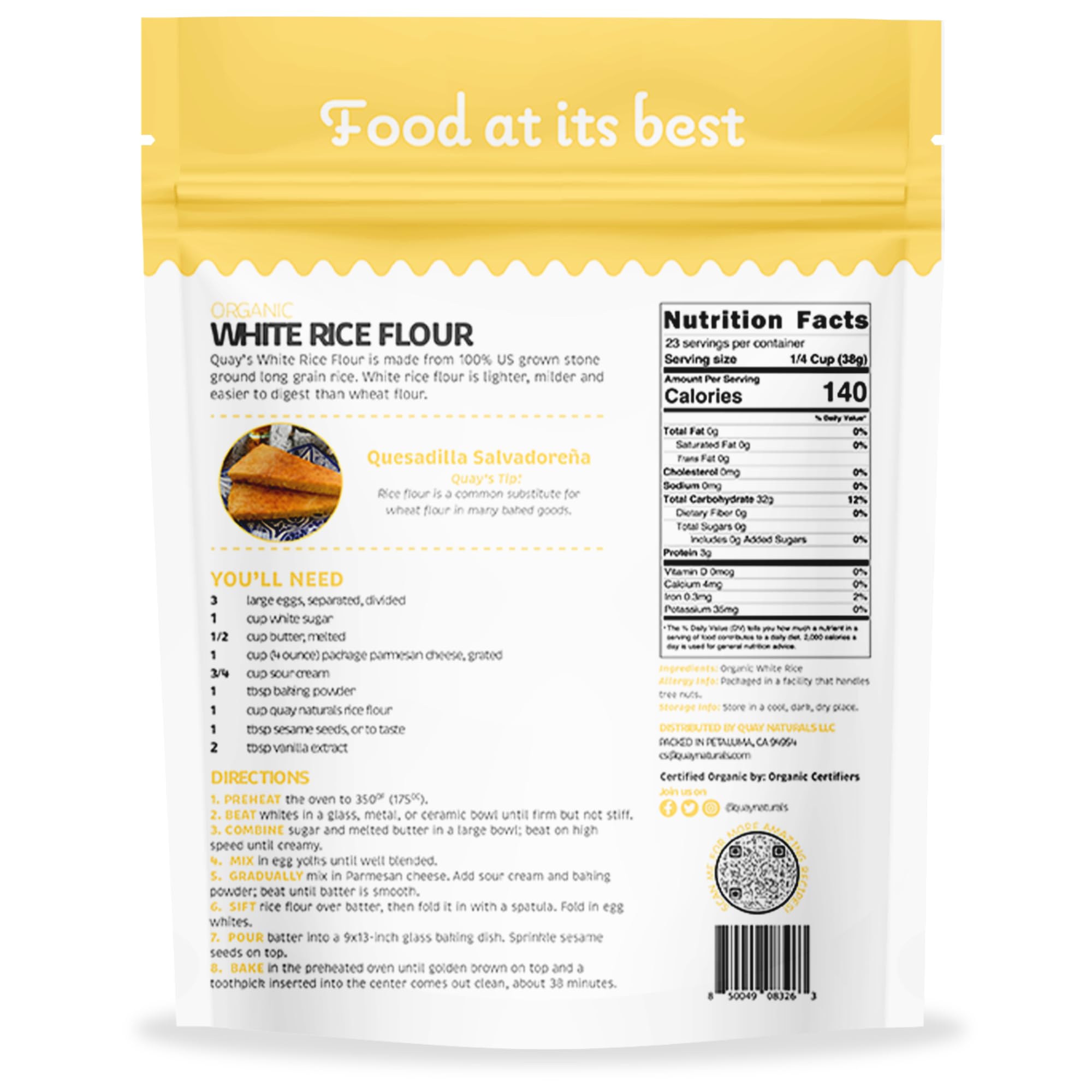 Quay Naturals white rice flour bag closeup highlights organic California-grown rice.