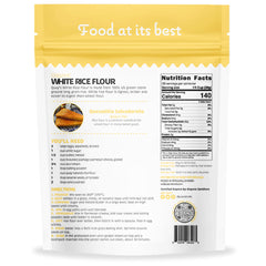Quay Naturals white rice flour bag closeup highlights organic California-grown rice.
