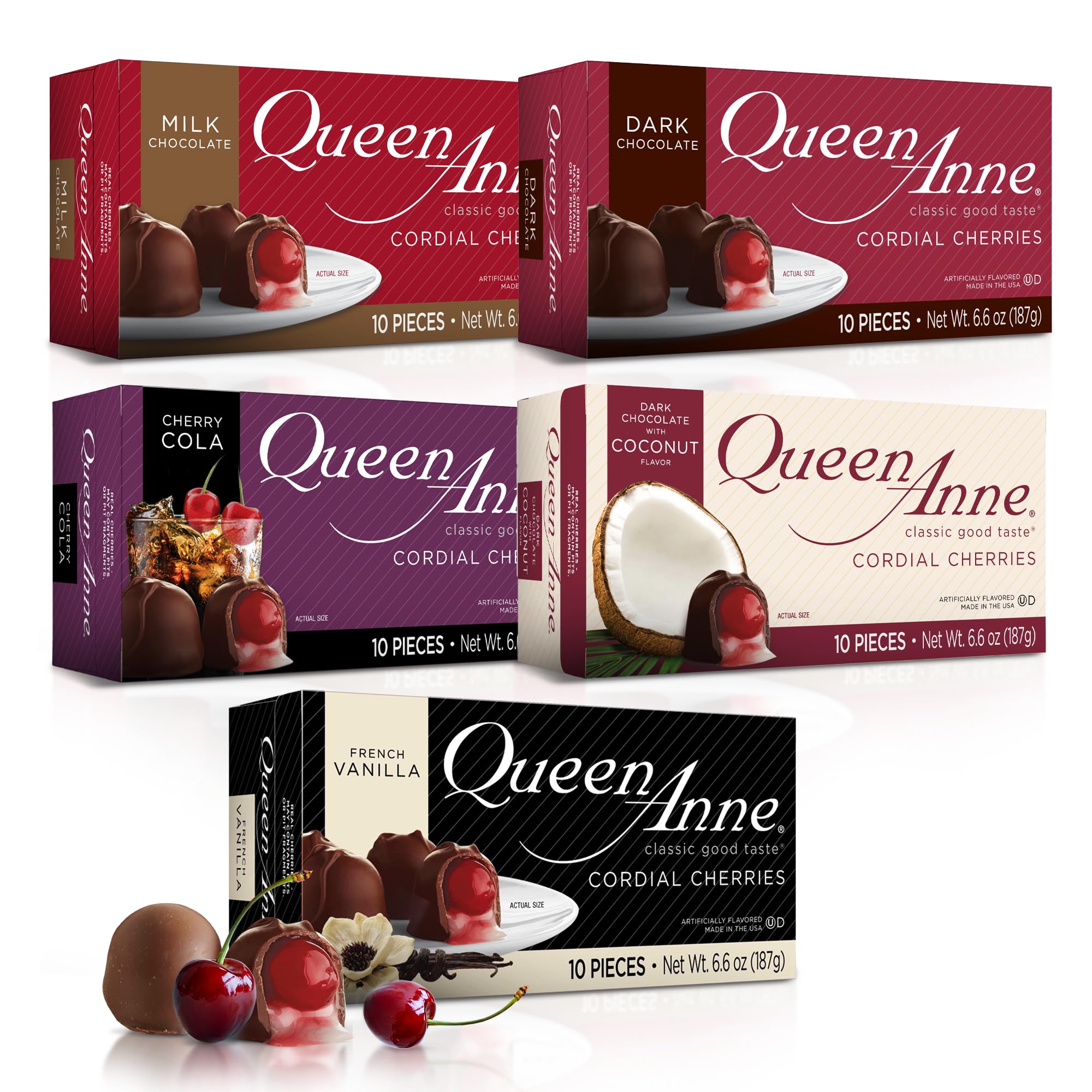 Queen Anne chocolate cordial cherries variety pack front view, ideal for gifting occasions.