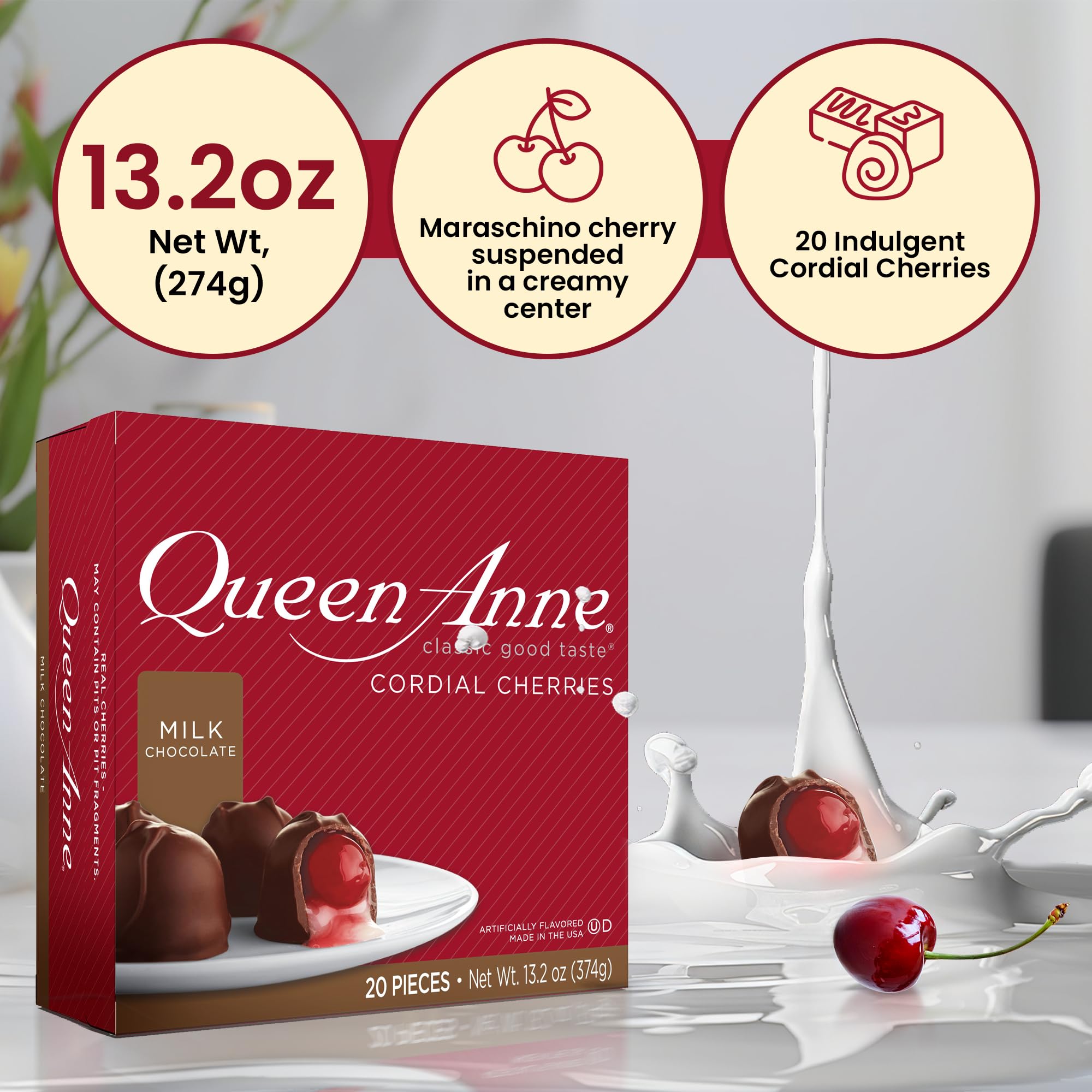 Creamy filled center highlighted in Queen Anne cherries