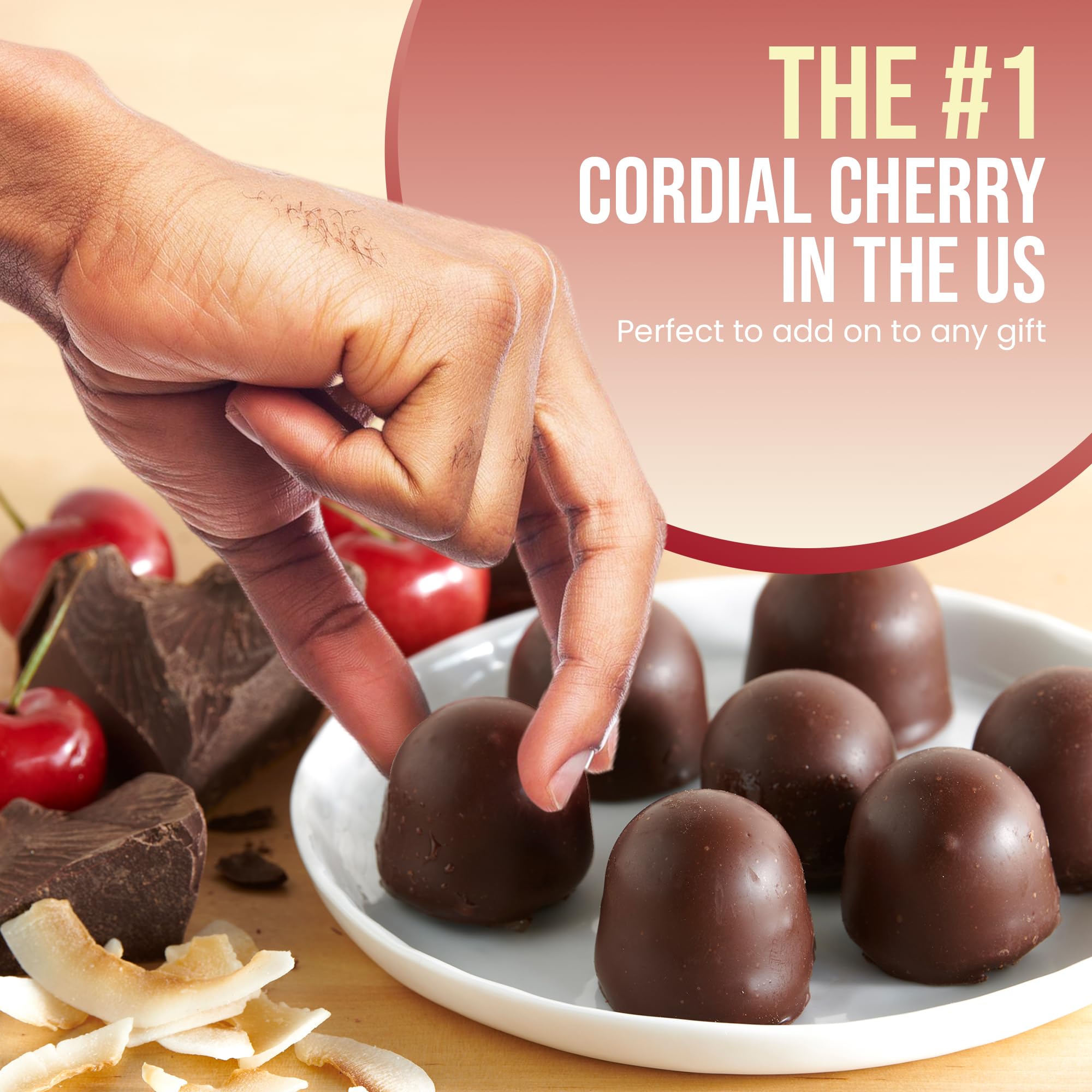 Queen Anne dark chocolate coating close-up, bold flavor with cherry center.
