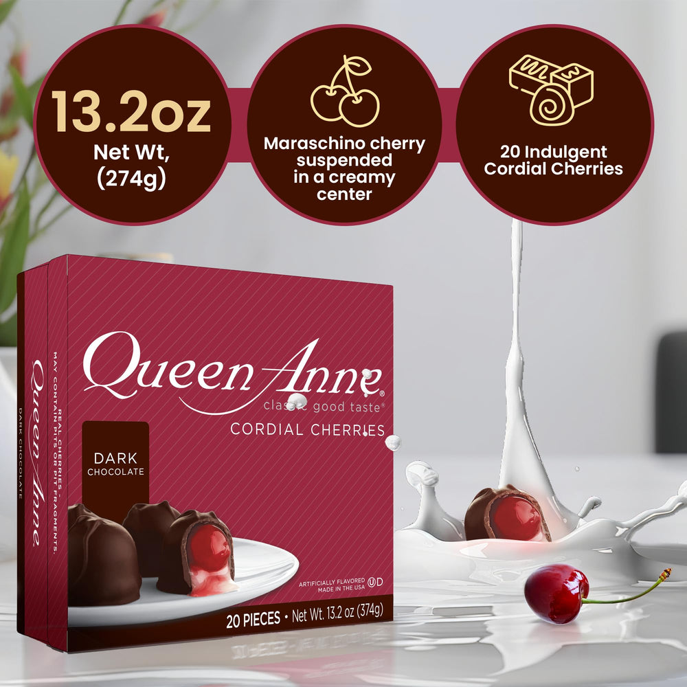 Queen Anne dark chocolate coating close-up on a cordial cherry