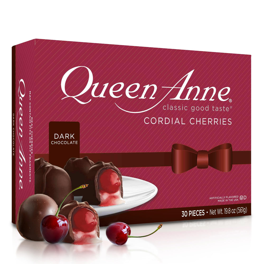 Queen Anne dark chocolate cordial cherries gift box, ideal for celebrations.