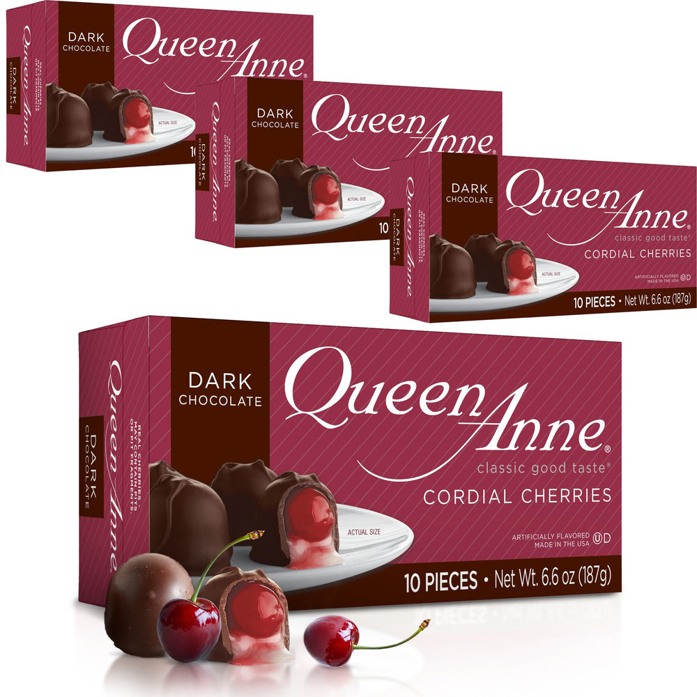 Queen Anne dark chocolate cordial cherries in packaging box, ideal for gifting and celebrations.