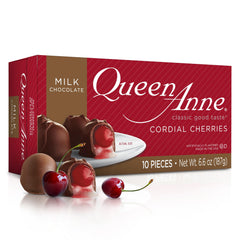 Queen Anne gift box with 10 milk chocolate cordial cherries, ideal for gifting.