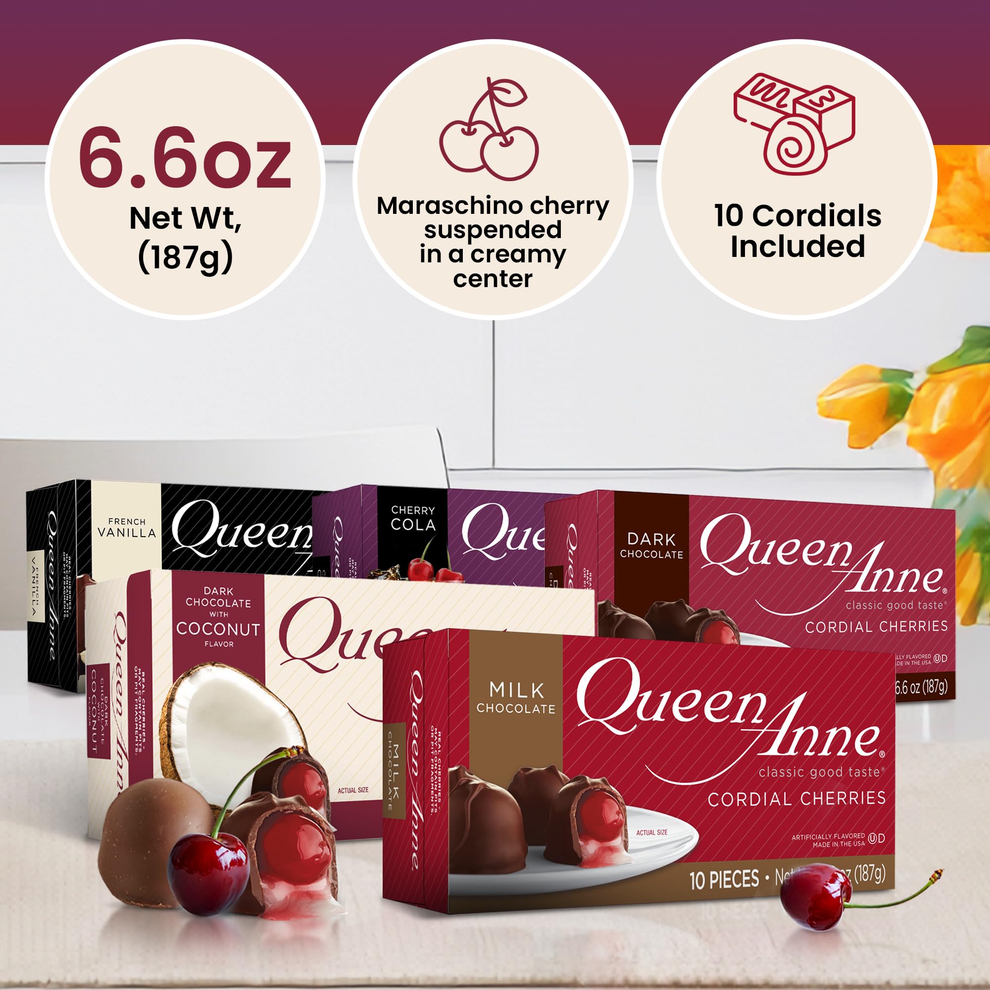 Queen Anne milk chocolate coating close-up, smooth texture with cherry filling.