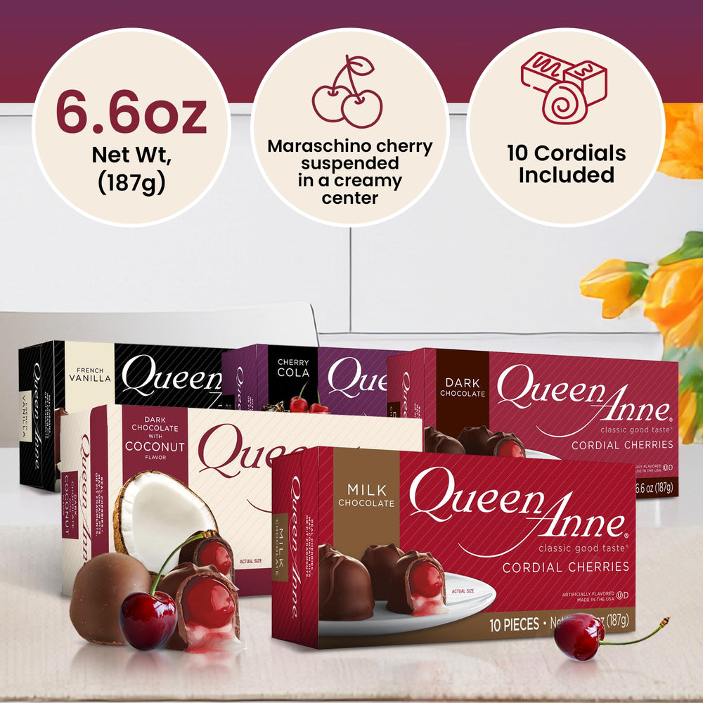Queen Anne milk chocolate coating close-up, smooth texture with cherry filling.