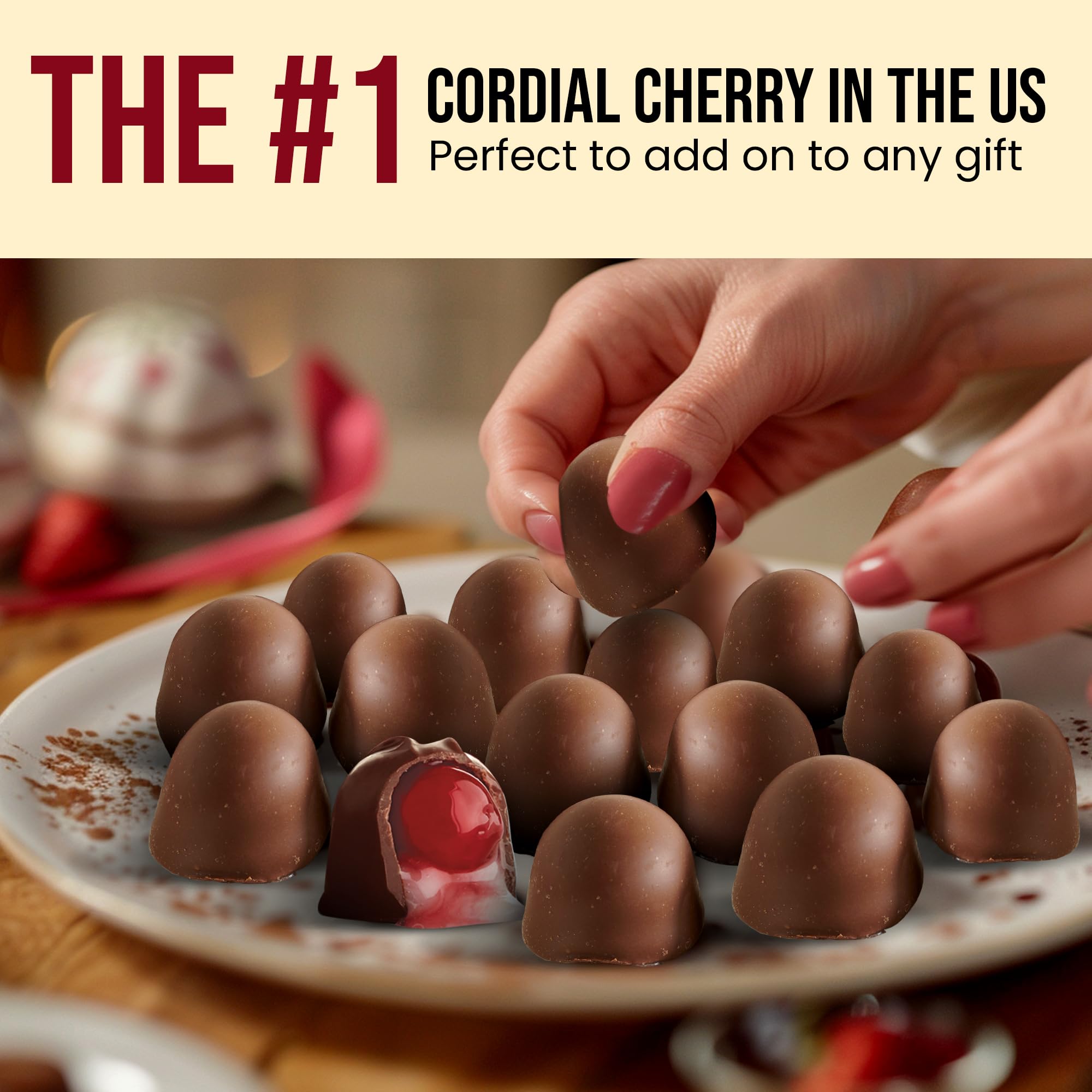Closeup of smooth milk chocolate coating on Queen Anne cordial cherries