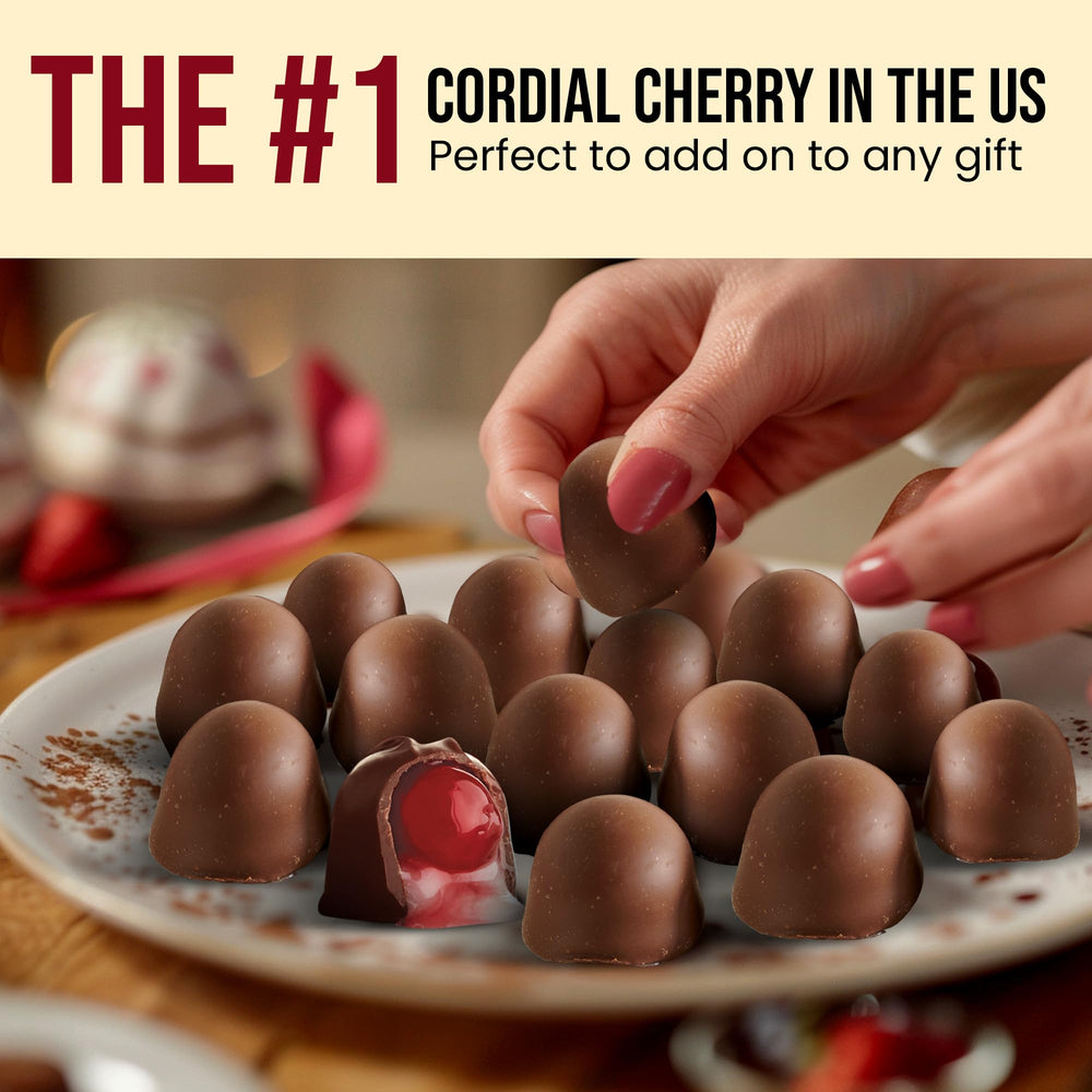 Closeup of smooth milk chocolate coating on Queen Anne cordial cherries
