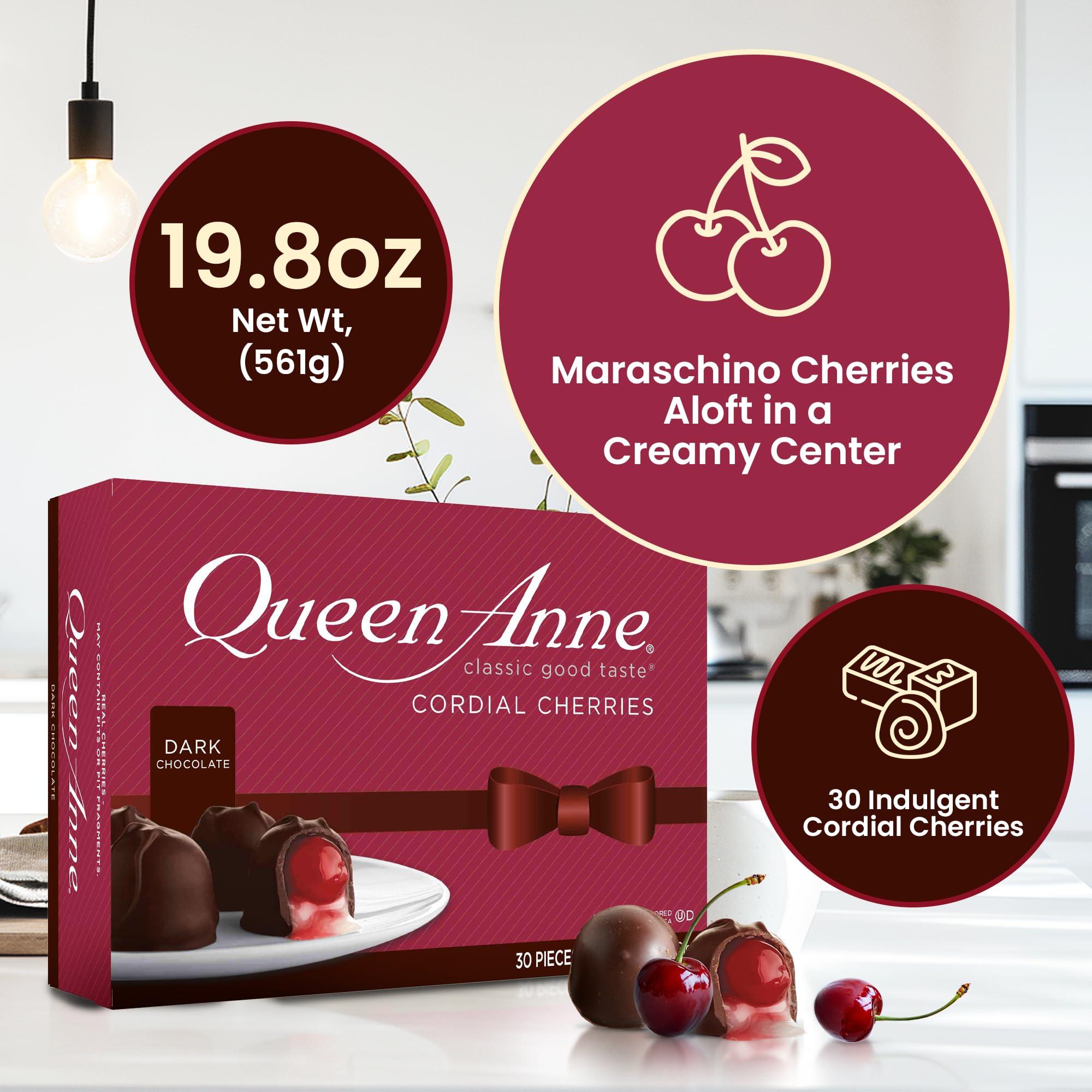 Queen Anne milk chocolate coating surrounds a smooth cherry bite.