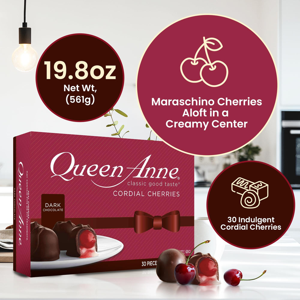 Queen Anne milk chocolate coating surrounds a smooth cherry bite.