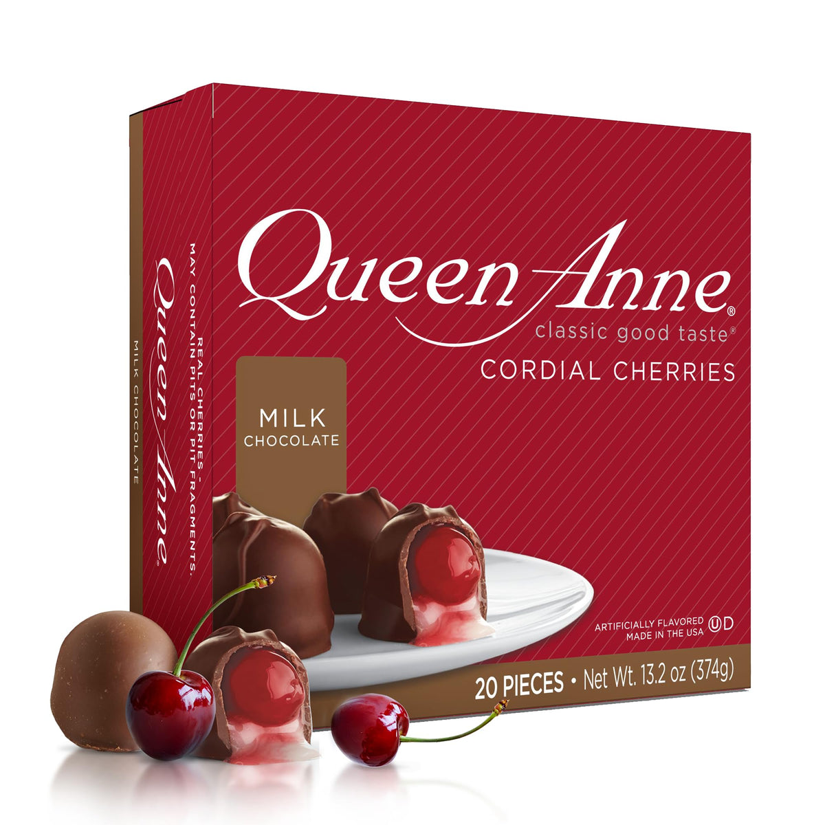 Queen Anne milk chocolate cordial cherries box front, gift-ready presentation