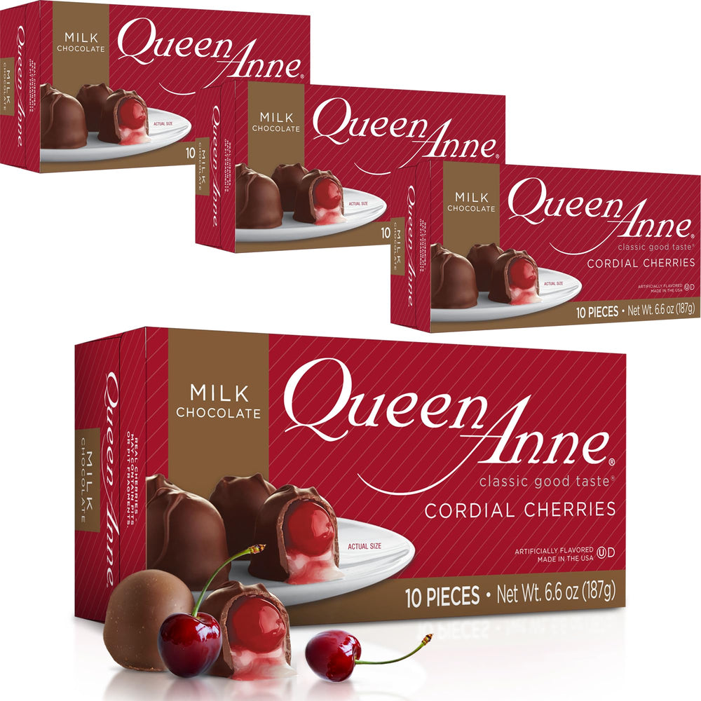 Queen Anne milk chocolate covered cordial cherries on a plate; creamy centers make a delightful bite.