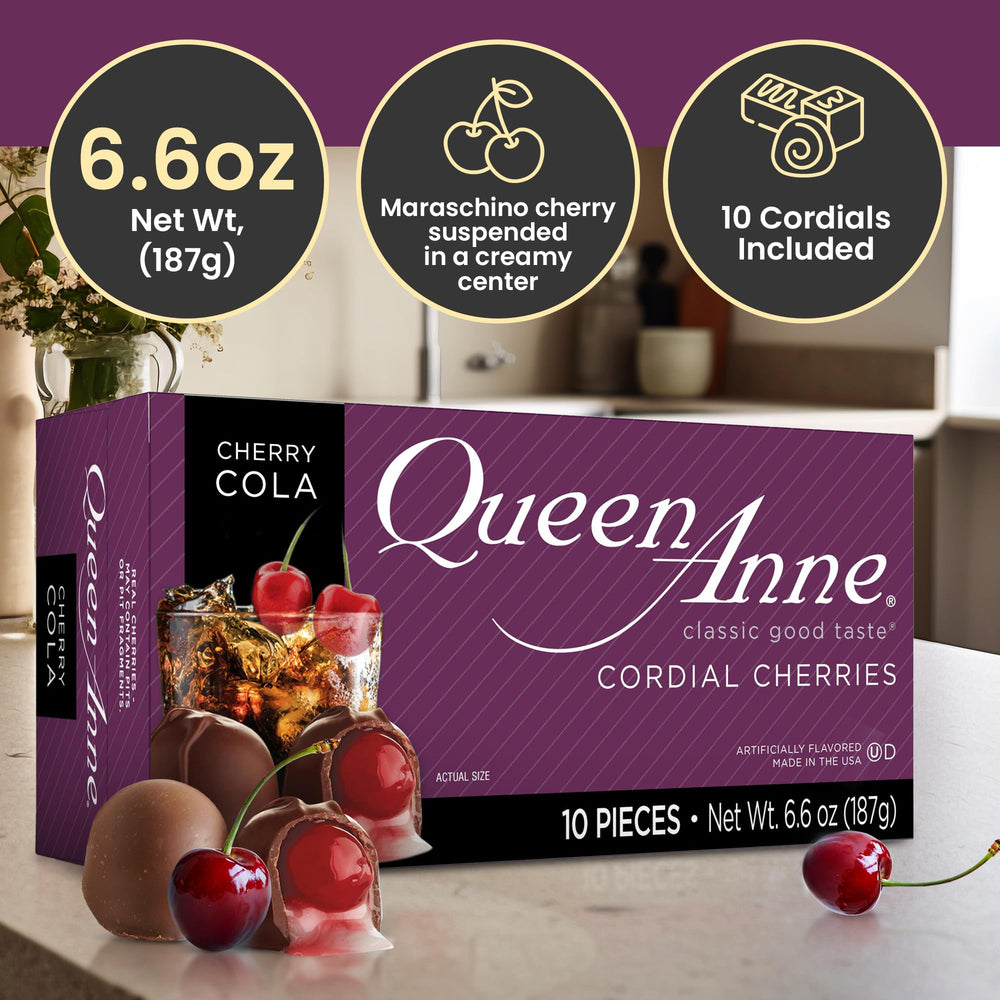 Queen Anne whole maraschino cherries inside the bite-size candy