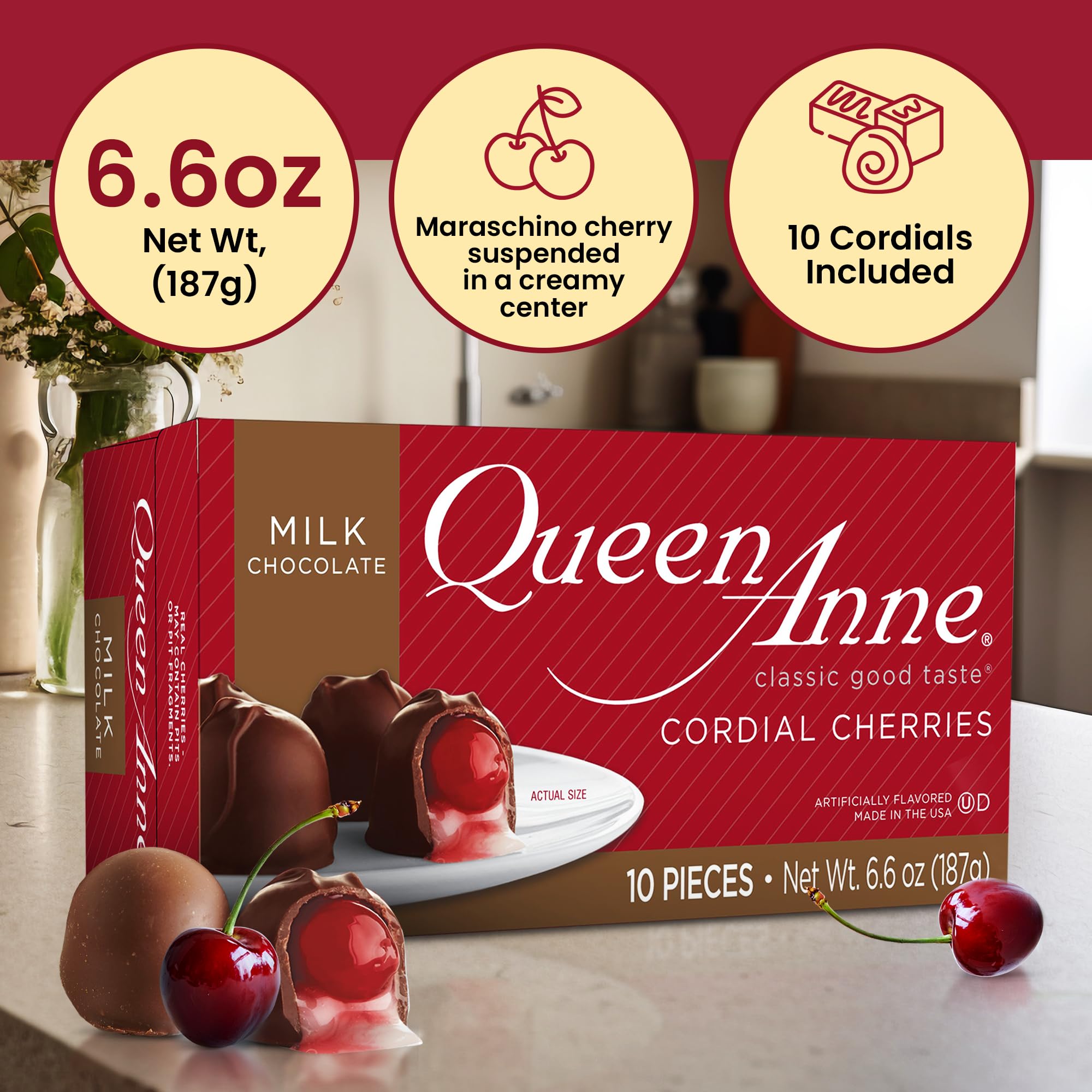 Queen Anne whole maraschino cherry with creamy center.