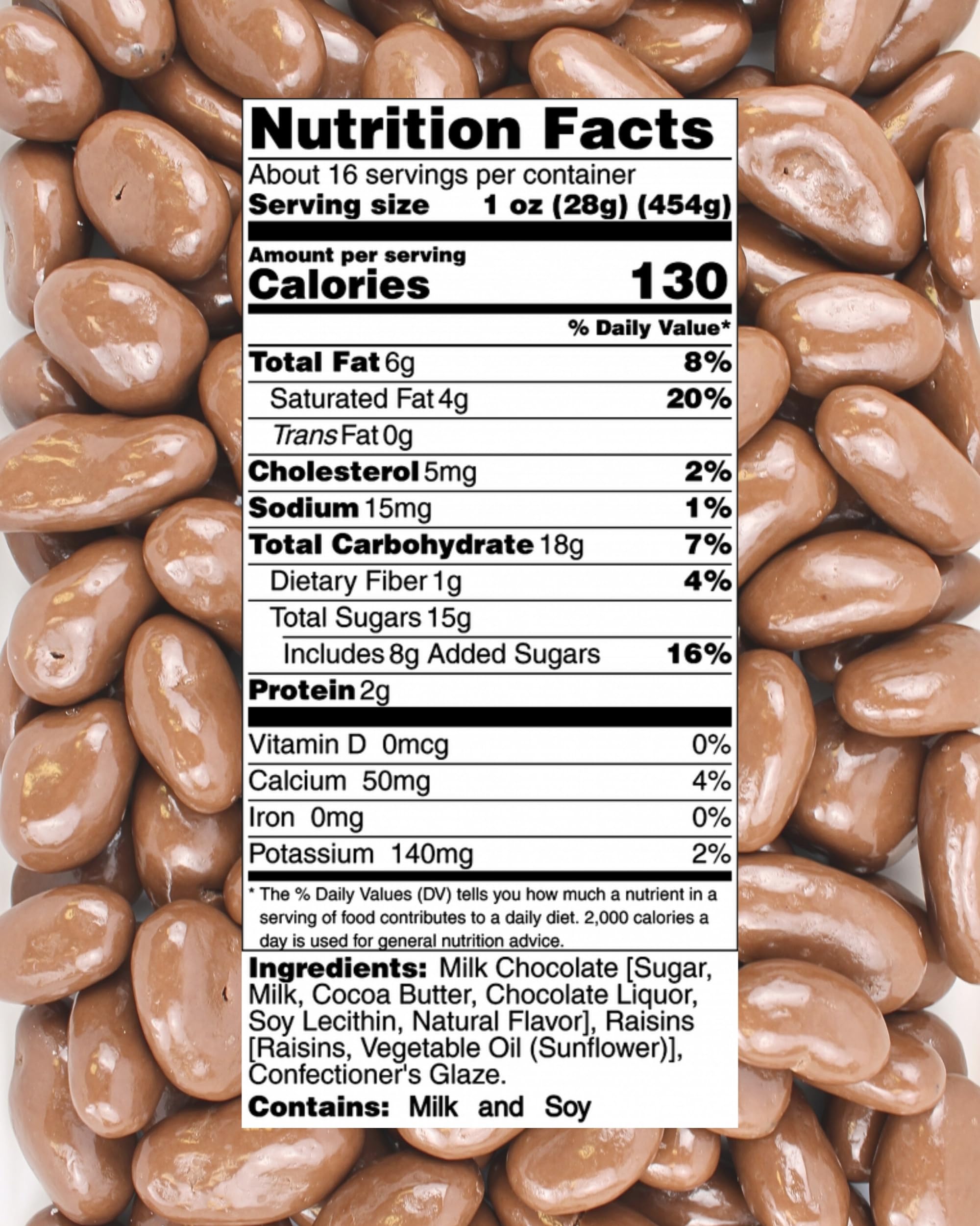 Closeup of smooth milk chocolate coating on plump raisins for snacking.