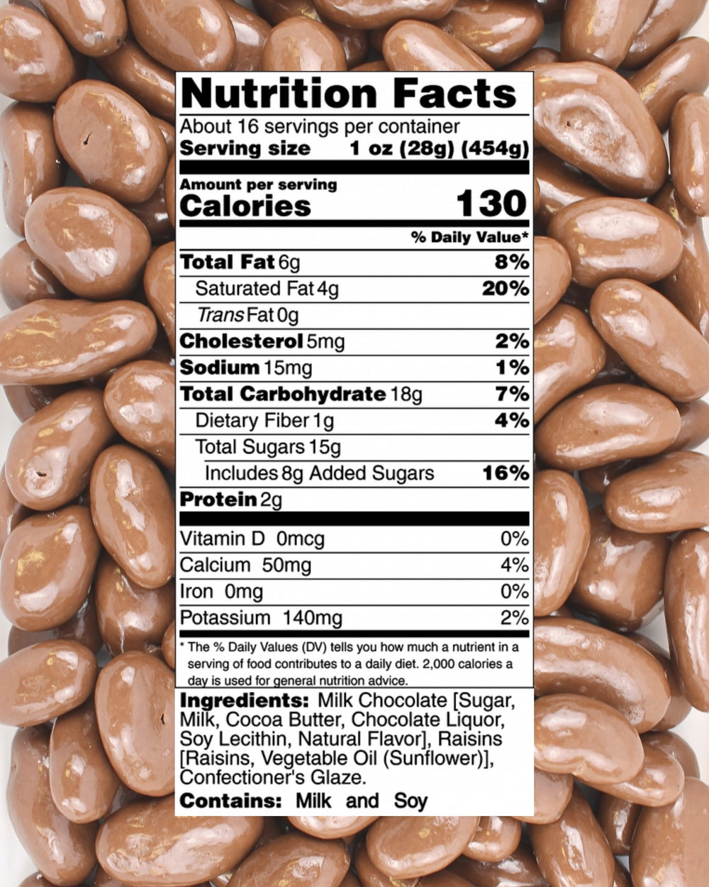 Closeup of smooth milk chocolate coating on plump raisins for snacking.