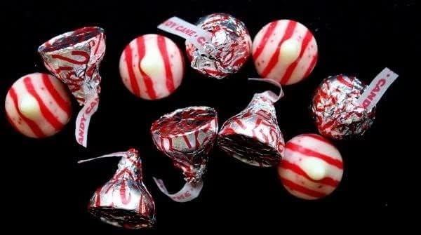 QUEEN JAX Candy Cane Kisses bulk candy dish display ready for sharing.