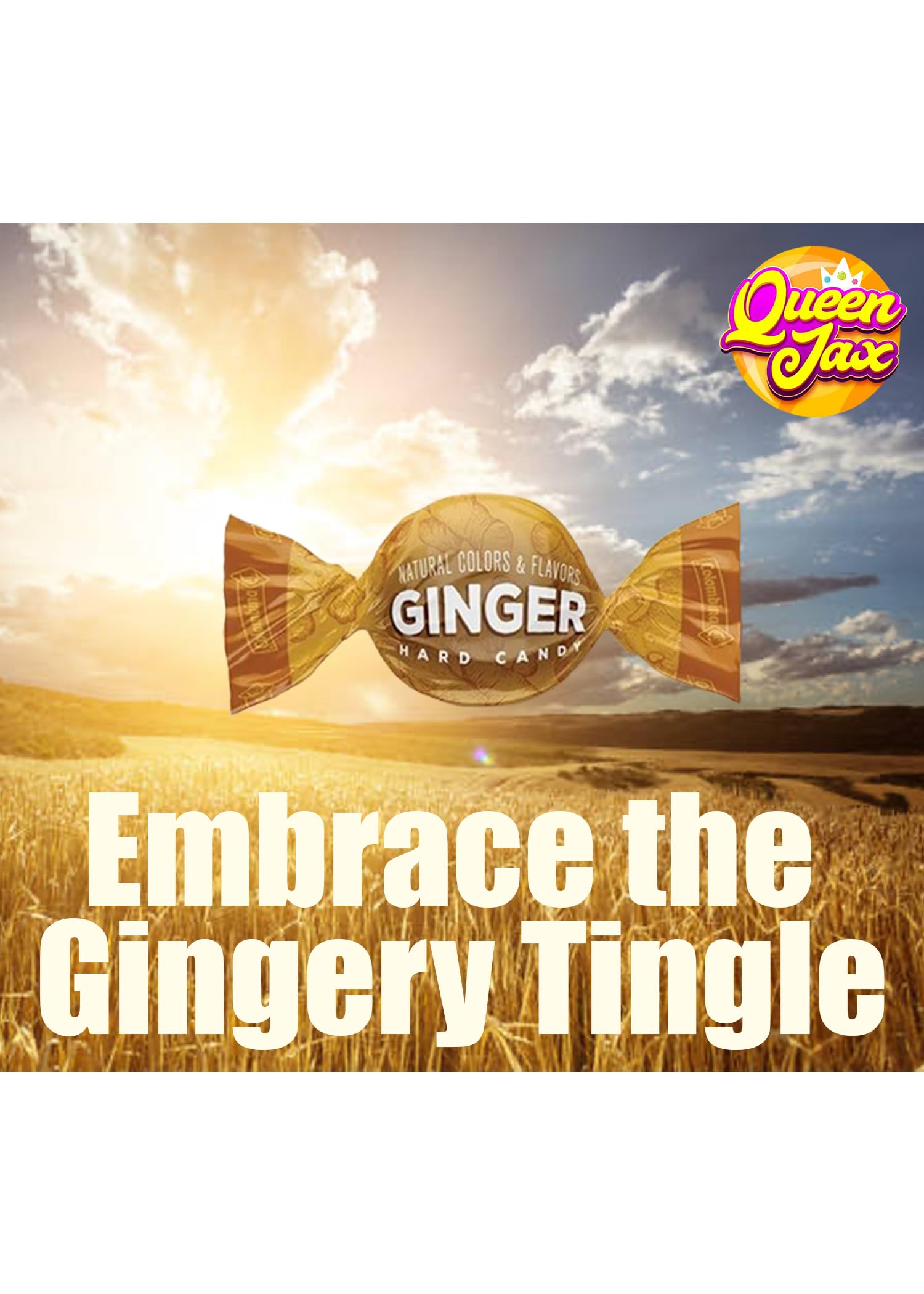 Queen Jax gluten-free label on ginger candy packaging.