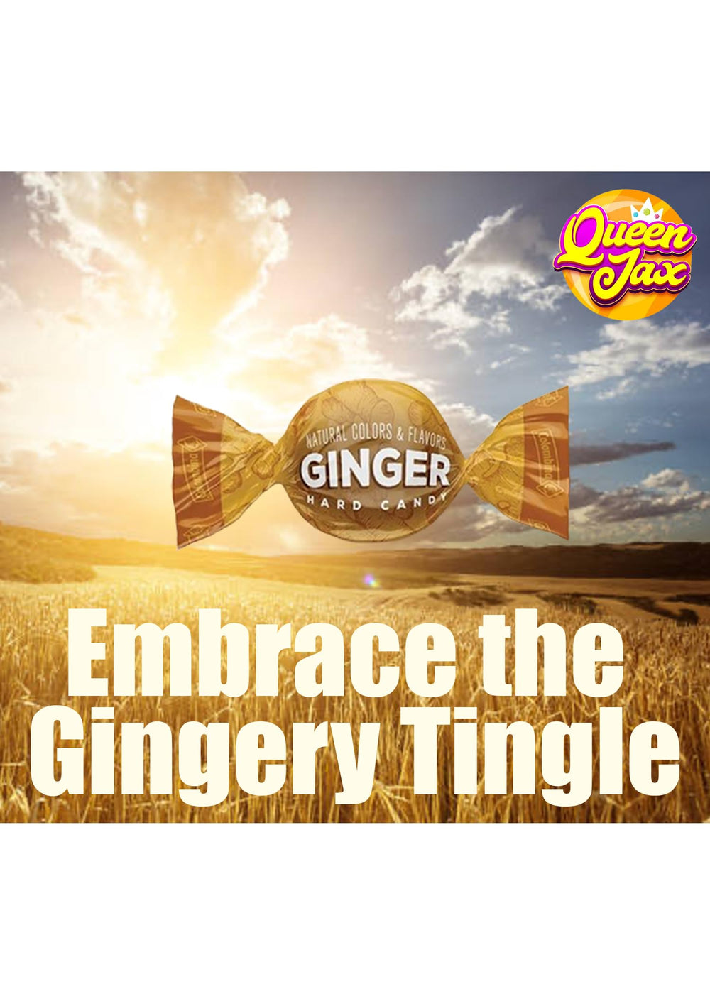 Queen Jax gluten-free label on ginger candy packaging.