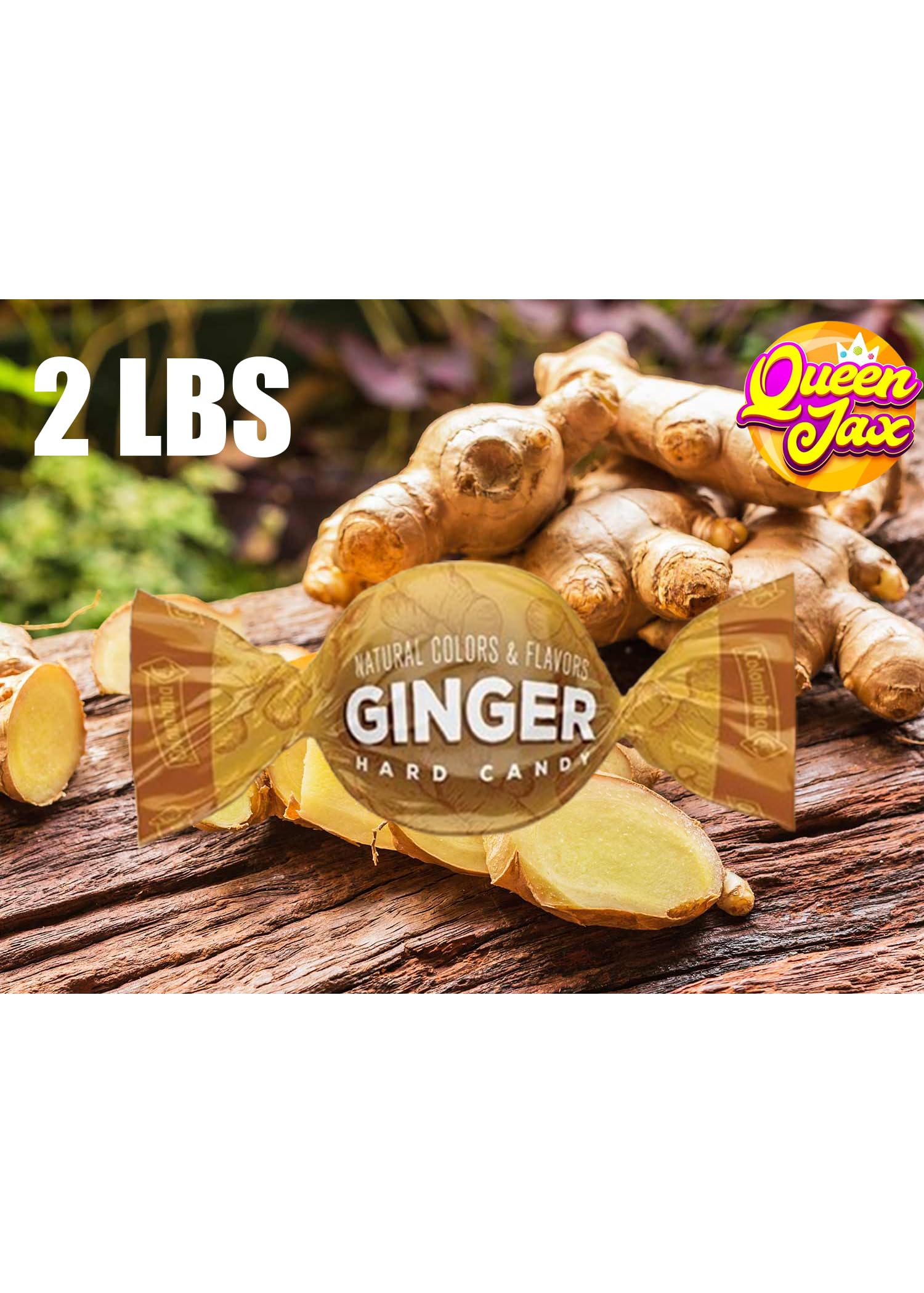 Queen Jax ginger candy packaging highlighting real ginger and simple ingredients.