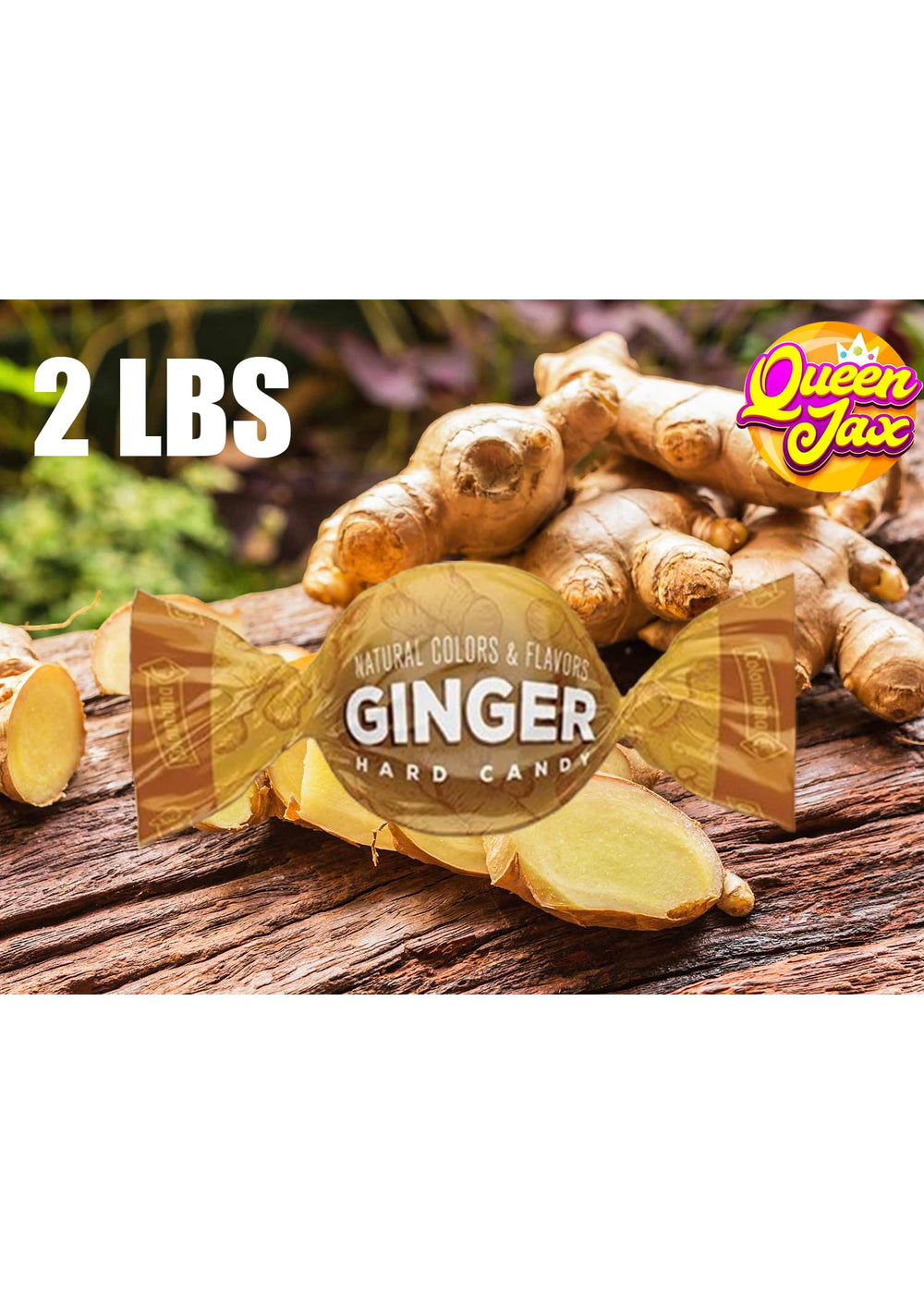 Queen Jax ginger candy packaging highlighting real ginger and simple ingredients.