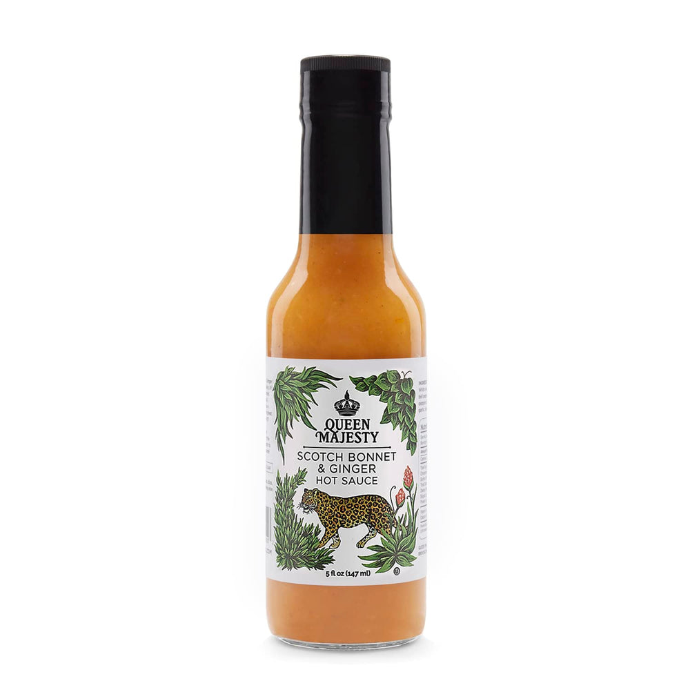 Queen Majesty Scotch Bonnet & Ginger bottle with vibrant color, perfect for bold sauces.