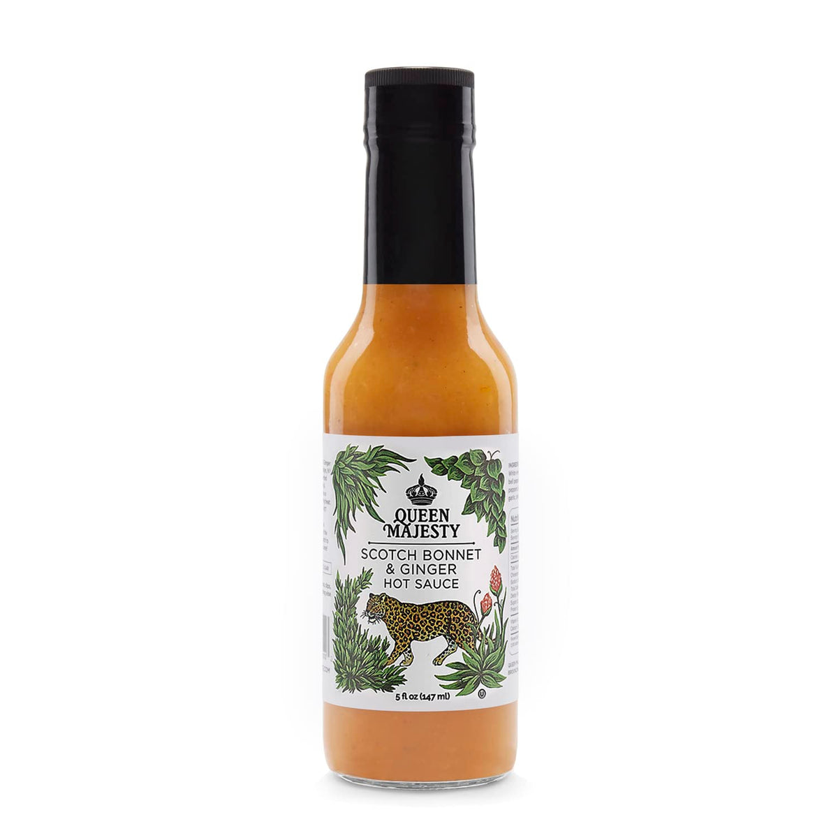 Queen Majesty Scotch Bonnet & Ginger bottle with vibrant color, perfect for bold sauces.