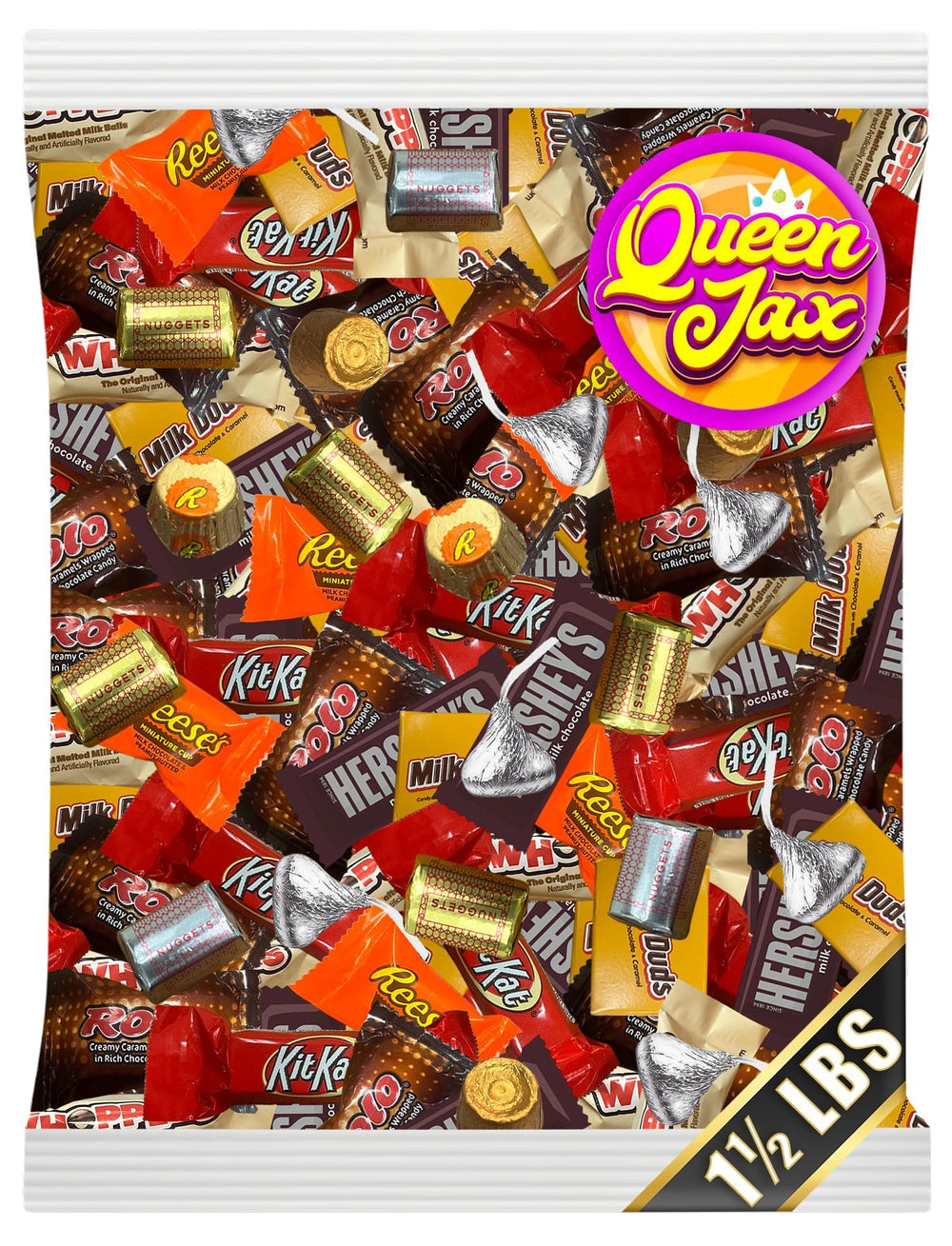 QUEEN JAX assorted chocolate variety pack shown in a bag, ideal for sharing at gatherings.