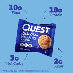 Nutrition panel highlights 3g net carbs and 2g sugar per muffin.