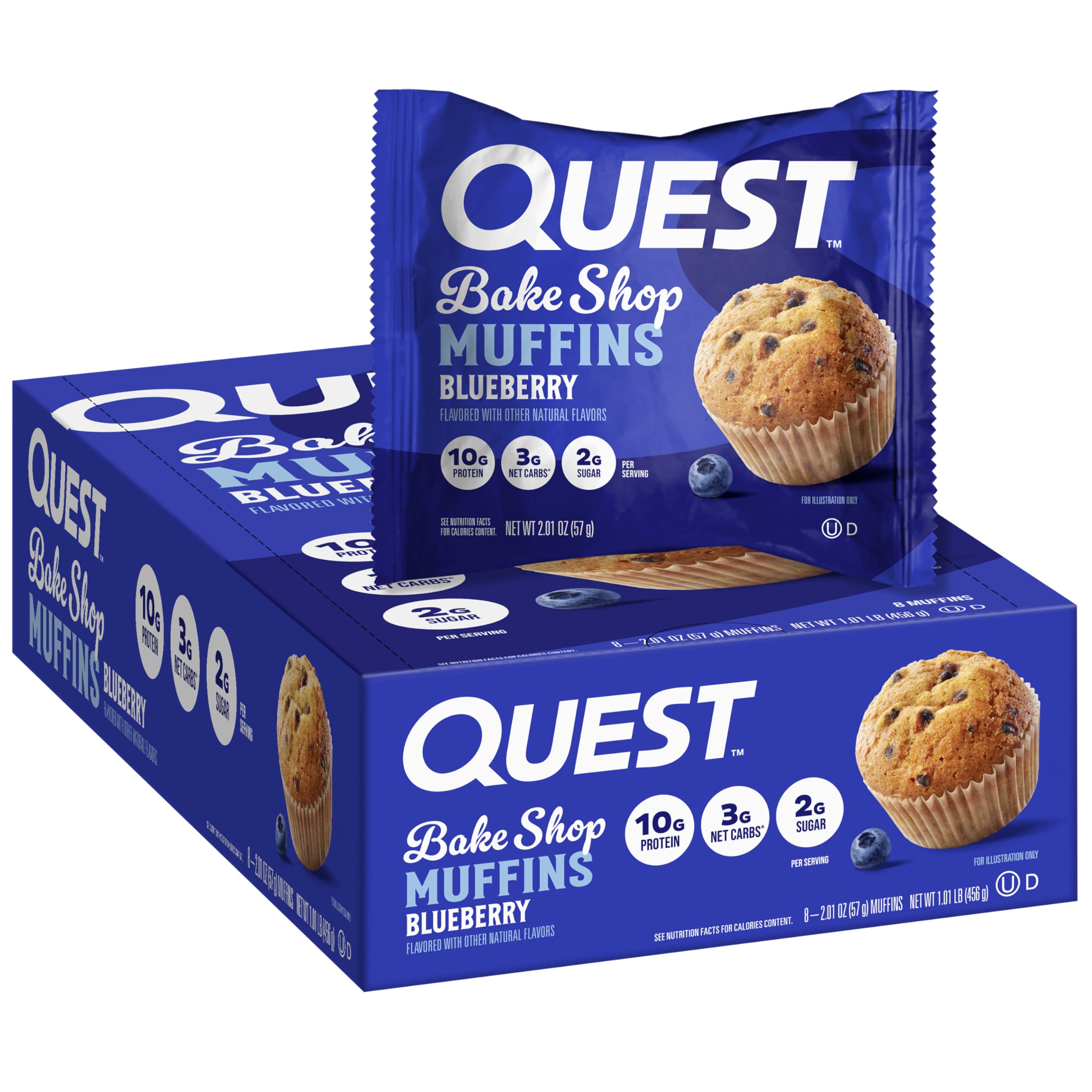 Quest Bake Shop Blueberry Muffins pack showing 10g protein per serving.