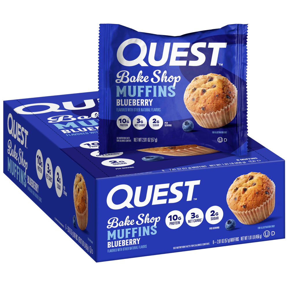 Quest Bake Shop Blueberry Muffins pack showing 10g protein per serving.
