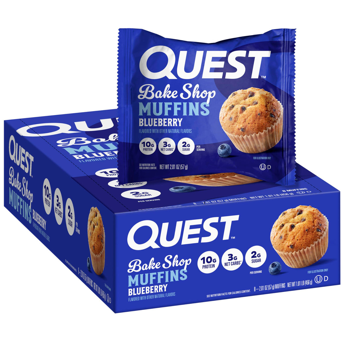 Quest Bake Shop Blueberry Muffins pack showing 10g protein per serving.