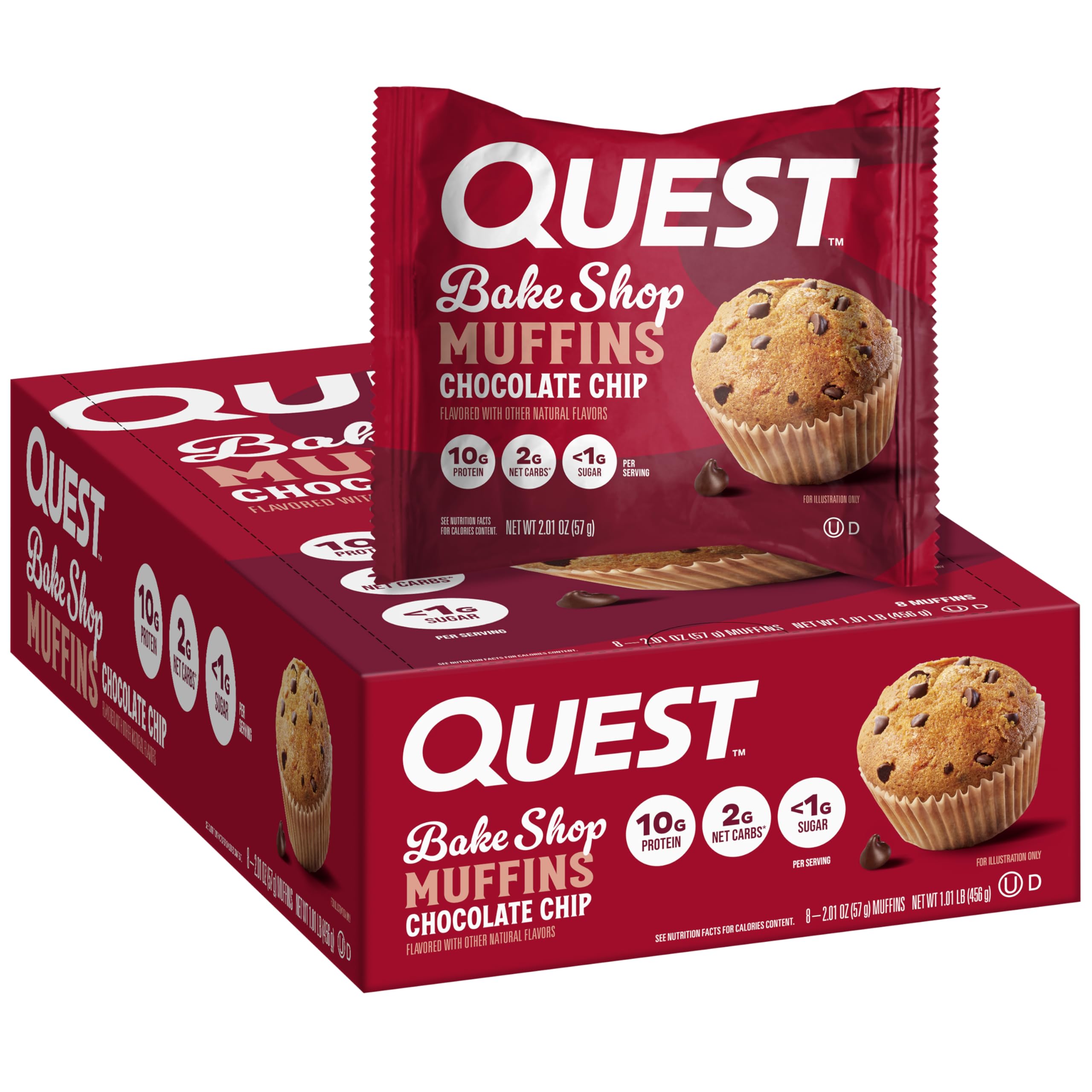 Quest Bake Shop chocolate chip muffin wrapper; protein-packed snack.