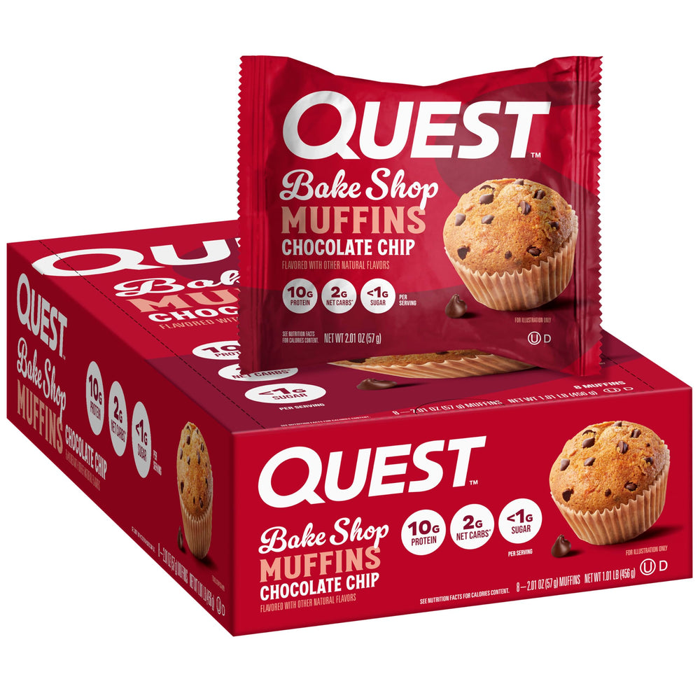 Quest Bake Shop chocolate chip muffin wrapper; protein-packed snack.