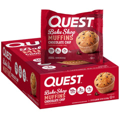 Quest Bake Shop chocolate chip muffin wrapper; protein-packed snack.