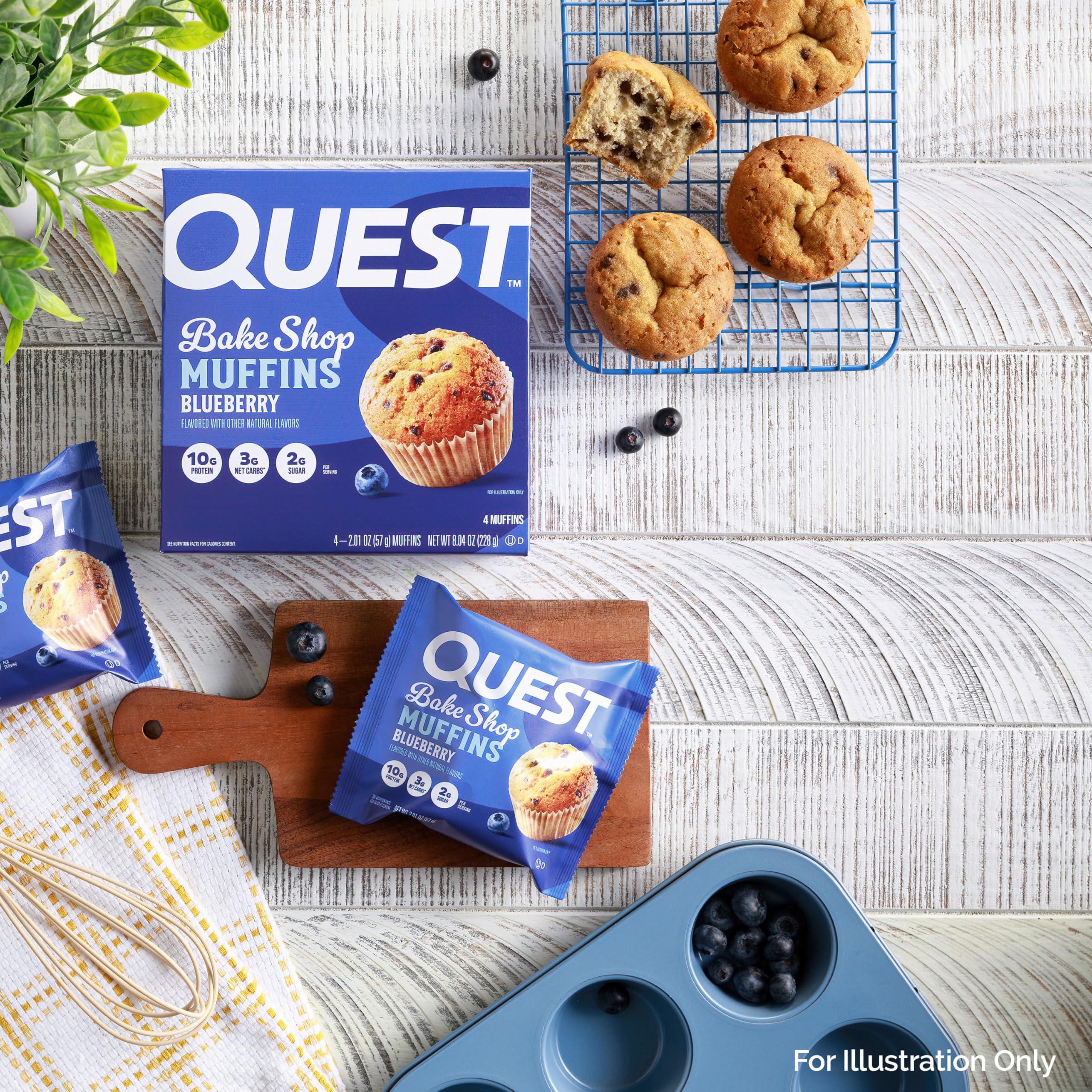 Quest Blueberry Muffins box on kitchen counter conveys grab-and-go appeal.