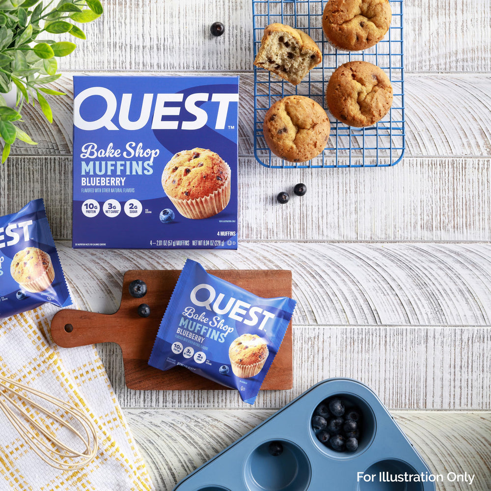 Quest Blueberry Muffins box on kitchen counter conveys grab-and-go appeal.