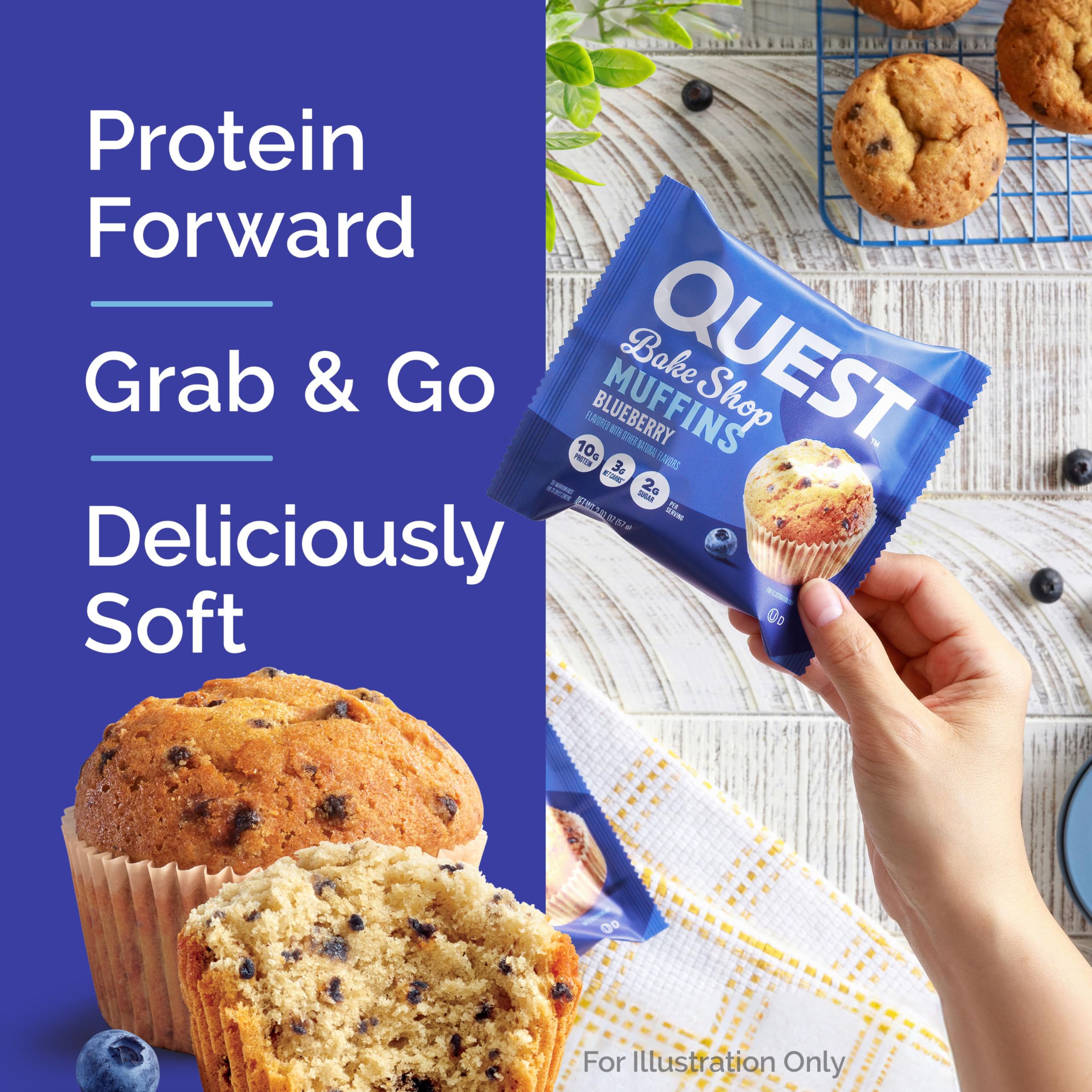Quest Blueberry Muffins close-up texture emphasizes soft crumb and blueberry bits.